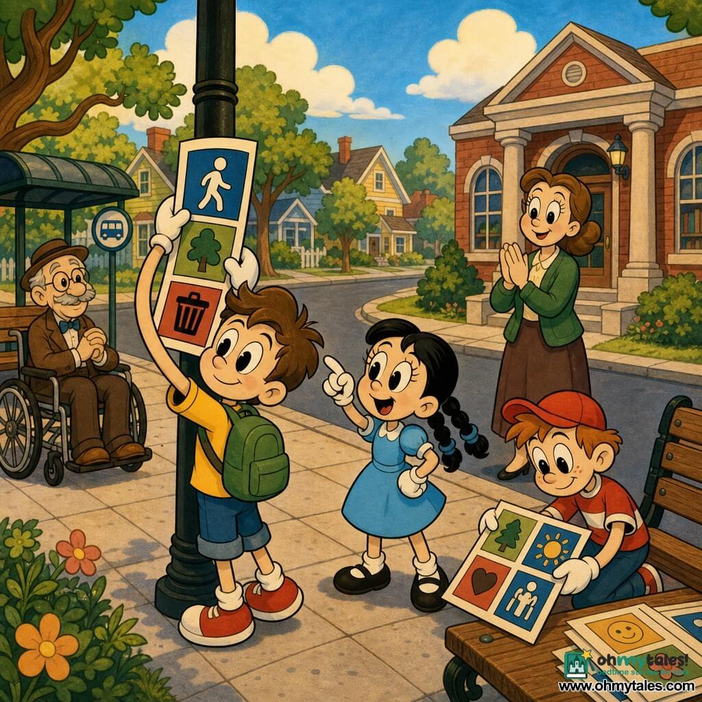 A 10-year-old boy with tousled brown hair, big bright eyes and a determined smile wears a yellow T-shirt and green backpack; he holds a large colorful pictogram and mounts it on a post. A girl of about 9 (Mia) with braided black hair in a light blue dress stands to his right, pointing and speaking with animated hands. A 9-year-old boy (Tommy) with red hair and a red cap crouches near a bench, holding a board with other drawings and focused on his sketches. A woman in her mid-30s (the mother) with light brown tied-back hair smiles proudly in the background near a red-brick library, clapping gently. An elderly man in a wheelchair with gray hair and a brown coat watches the installed sign with a grateful, gentle smile near a bus stop. Setting: sunny neighborhood street with leafy trees, a wooden-bench bus stop, paved sidewalk and colorful houses. Main action: the group installs a clear, cheerful pictogram to make the neighborhood accessible; warm, collaborative atmosphere with bright colors, smooth textures and black outlines in a retro cartoon style.