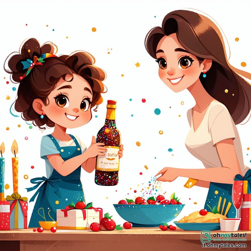 Una bambina di 9 anni, Sofia, con capelli ricci e occhi brillanti di gioia, si trova al centro della scena, tenendo una bottiglia decorata con brillantini e colori vivaci. Sorride con entusiasmo, le guance arrossate dall'eccitazione del Capodanno. Accanto a lei, sua madre, una donna di circa trent'anni con capelli lunghi e castani, sorride calorosamente mentre prepara piatti sulla tavola. Indossa un grembiule colorato e sembra felice di condividere questo momento festivo con sua figlia. Il papà di Sofia, un uomo di circa trent'anni con una leggera barba e un sorriso complice, si trova all'altro capo della tavola, alzando un bicchiere di succo d'arancia per brindare al nuovo anno. La scena si svolge in un soggiorno accogliente, decorato con un grande albero di Natale scintillante, pieno di luci e palline colorate. La tavola è coperta di piatti deliziosi, biscotti e una bella torta al cioccolato, creando un'atmosfera festosa e gioiosa. Sofia sta aprendo la bottiglia contenente i suoi propositi per il nuovo anno, circondata dalla sua famiglia, pronta a condividere i loro sogni e speranze per l'anno a venire.