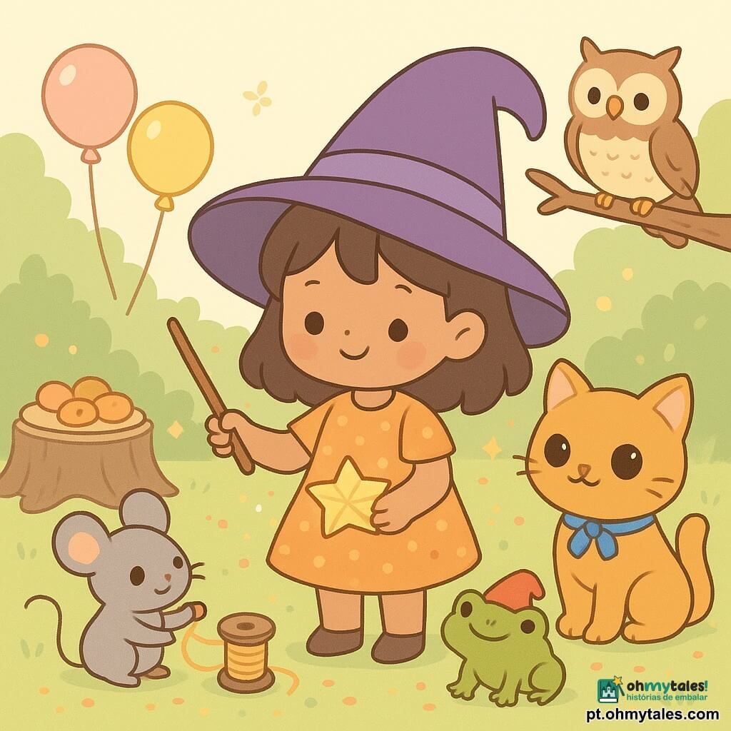 Lili, aprendiz de bruxa de 6 anos, alegre e um pouco tímida, usa um grande chapéu torcido roxo, vestido laranja de bolinhas, segura uma varinha de madeira e um papel dourado dobrado; sorri ao olhar sua estrelinha de papel que brilha suavemente. Mia, gata mágica caramelo de olhos mel, senta-se ao lado dela, ronrona e oferece um frasco de luz da lua com um laço azul no pescoço; Bilu, sapo verde com um pequeno chapéu vermelho e purpurina no focinho, ri aos pulos atrás de Lili; Pipo, ratinho cinza, em pé sobre a mesa de madeira, segura um fio dourado para ajudar a enfeitar; Dona Coruja, sábia coruja de penas castanhas malhadas, sobrevoa a clareira segurando um pergaminho dourado. Na clareira iluminada da floresta encantada há relva luminosa, balões flutuantes, mesas de tronco com guloseimas e confetes; todos juntos montam uma estrela de papel brilhante que emite luzes coloridas e glitter, em gestos coletivos e clima festivo e acolhedor.