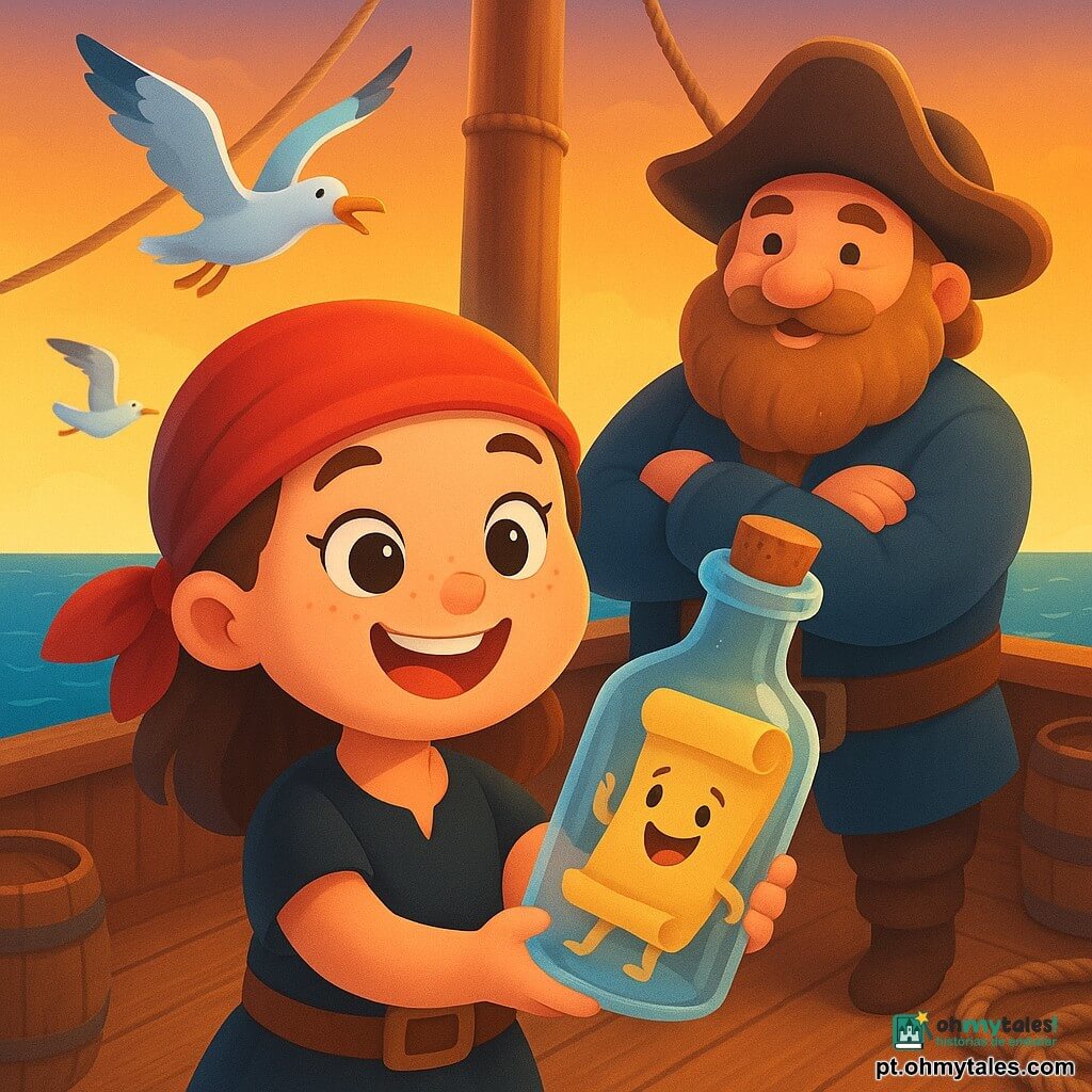 Lina é uma jovem e corajosa pirata de rosto redondo e sardas, lenço vermelho, sorriso malicioso e olhos brilhantes, segurando uma garrafa de vidro aberta com um pequeno pergaminho cartunesco que ri; o capitão Barba-Pão, cerca de 50 anos, silhueta arredondada, grande barba em forma de pão e chapéu gasto, está atrás dela no convés olhando com orgulho; uma ou duas gaivotas brancas e cinzentas voam perto do mastro com asas abertas e bicos abertos; o convés de madeira quente mostra tábuas, cordas enroladas, uma cabine com porta redonda e barris empilhados à bombordo; o oceano é azul profundo com pequenas ondas, reflexos dourados e céu alaranjado ao pôr do sol; cena principal: Lina encontra uma mensagem risonha dentro da garrafa encalhada no convés — momento alegre e aventureiro, expressões exageradas, cores vivas, formas legíveis para crianças; estilo: contornos suaves, texturas lisas, paleta quente e contrastada, luz suave nos rostos, composição centrada em Lina.