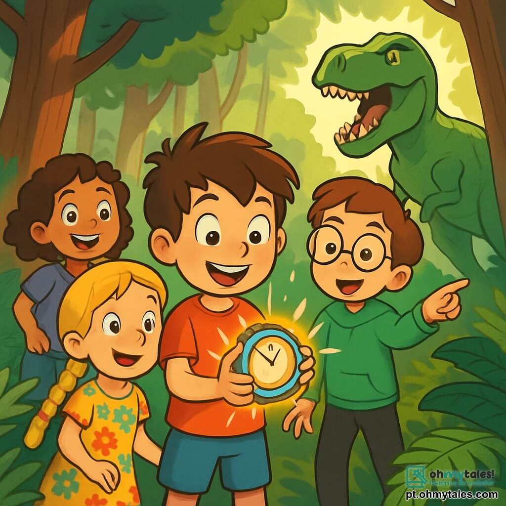 Há 4 crianças: - Miguel: um menino de 9 anos, com cabelos castanhos bagunçados e olhos brilhantes de curiosidade. Ele usa uma camiseta vermelha e um short azul, está no centro segurando um dispositivo brilhante. - Ana: uma menina de 9 anos, com cabelos longos e loiros trançados, vestindo um vestido florido. Ela está à esquerda de Miguel, com os olhos arregalados de admiração. - Lucas: um menino de 9 anos, com óculos redondos e cabelos castanhos. Ele usa um moletom verde e calças pretas, está à direita de Miguel, apontando para um dinossauro ao longe com um olhar fascinado. - Sofia: uma menina de 9 anos, com cabelos curtos e cacheados, vestindo uma camiseta roxa e jeans. Ela está atrás de Miguel, sorrindo e pronta para explorar. O cenário é uma floresta pré-histórica densa, com grandes árvores e samambaias exuberantes. A luz do sol filtra pelas folhas, criando sombras dançantes no chão. Ao longe, vê-se um enorme Tiranossaurus Rex, com escamas verdes e dentes afiados, rugindo majestuosamente. A cena mostra as crianças descobrindo o mundo dos dinossauros, com Miguel segurando o dispositivo temporal, Ana maravilhada, Lucas apontando para o dinossauro e Sofia pronta para a aventura. A excitação e a curiosidade são palpáveis enquanto eles se reúnem, prontos para uma incrível aventura.