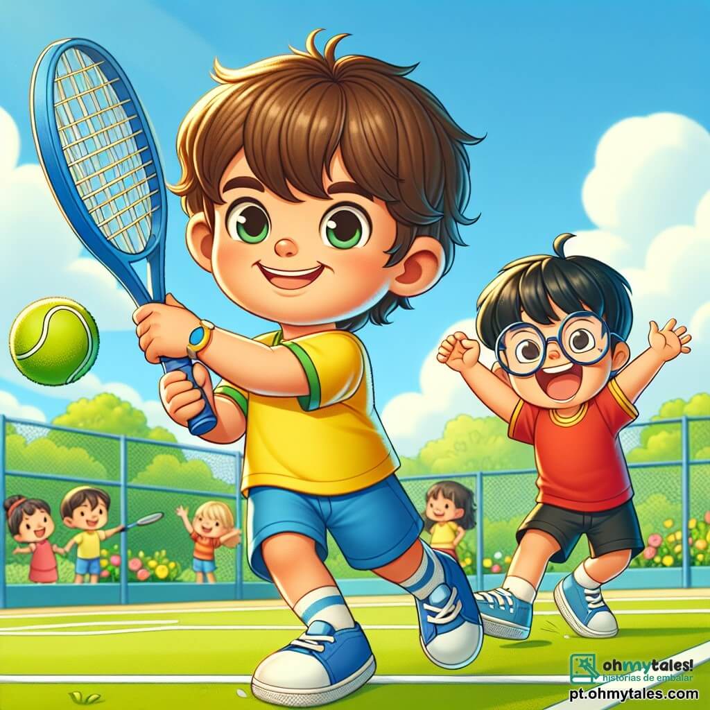 Um menino de 6 anos, Lucas, com cabelos castanhos bagunçados e um grande sorriso no rosto, está batendo uma bola de tênis com sua raquete azul. Ele usa uma camiseta amarela vibrante e um short azul, e seu entusiasmo é palpável enquanto se concentra no jogo. Ao seu lado, seu amigo Pedro, também de 6 anos, tem cabelos negros e óculos redondos. Ele veste uma camiseta vermelha e um short preto, e está pulando de alegria, com os braços levantados, incentivando Lucas. A cena acontece em uma bela quadra de tênis em um parque verdejante, cercada por árvores com folhas brilhantes e flores coloridas. O céu é azul com algumas nuvens brancas fofas, e crianças brincam ao fundo, adicionando uma atmosfera alegre. A situação principal mostra Lucas em plena ação, batendo a bola com determinação, enquanto Pedro o incentiva com entusiasmo, ilustrando o espírito de amizade e camaradagem que os une em sua paixão pelo tênis.