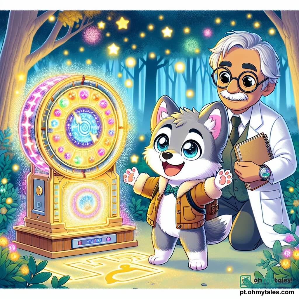 Um pequeno lobo chamado Léo, com pelagem cinza e olhos brilhantes de curiosidade, está no centro da imagem, sorrindo com entusiasmo enquanto descobre uma máquina do tempo brilhante, cercada por luzes coloridas. Ao seu lado, seu pai, um lobo cientista com óculos redondos e um jaleco, observa Léo com orgulho e uma leve preocupação, segurando um caderno de anotações. Ao fundo, uma floresta mágica se estende, com árvores de folhas cintilantes e flores multicoloridas, enquanto uma luz dourada filtra através dos galhos. A cena representa o momento em que Léo, animado com a ideia de viajar no tempo, está prestes a ativar a máquina, simbolizando a aventura e a descoberta que o aguardam.