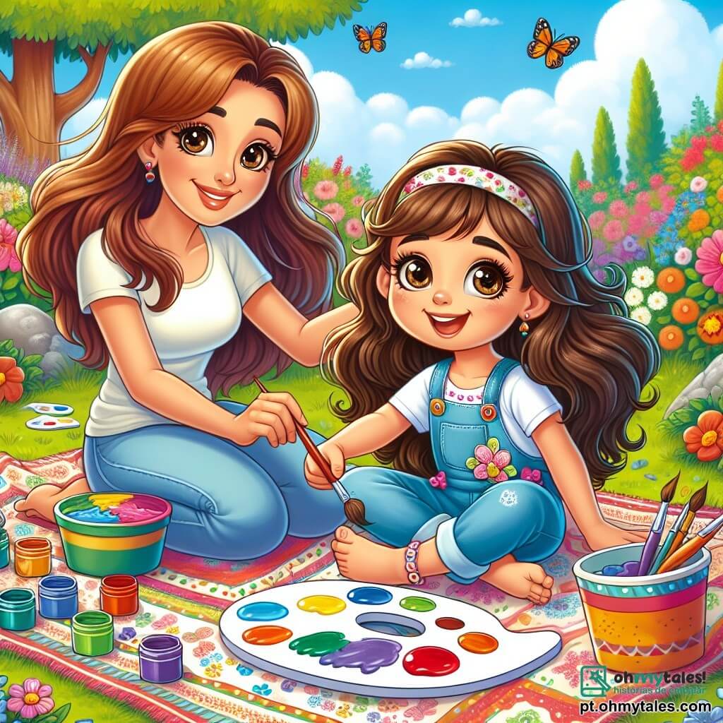 Uma menina de 6 anos, Sofia, com longos cabelos castanhos e olhos brilhantes de curiosidade, está sentada em um cobertor colorido no jardim. Ela sorri alegremente, segurando uma paleta de pintura em uma mão e um pincel na outra, pronta para criar uma obra de arte. Ao lado dela, sua mãe, uma mulher de cerca de 30 anos com cabelos castanhos e um sorriso acolhedor, a encoraja e mostra como misturar as cores. Ela está vestida com uma camiseta leve e calças jeans, sentada de pernas cruzadas no cobertor, cercada por potes de tinta vibrantes. O jardim está cheio de flores coloridas, com borboletas voando ao redor e uma grande árvore sombreada ao fundo. O céu é azul com algumas nuvens brancas e fofas, e o sol brilha, criando uma atmosfera alegre e de verão. Sofia e sua mãe estão pintando juntas uma grande tela, cheia de cores vivas, representando uma paisagem imaginária, com flores gigantes e um arco-íris. A atmosfera é repleta de criatividade e risos, capturando o espírito das férias de verão.