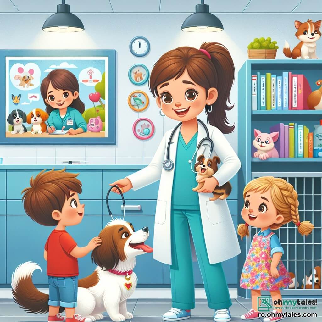 Într-o clinică veterinară luminoasă și primitoare, o veterinară pe nume Dr. Ana stă în picioare cu un zâmbet cald pe față. Are părul castaniu prins într-o coadă de cal, poartă un halat alb și un stetoscop la gât. Ochii ei strălucitori exprimă o pasiune profundă pentru animale în timp ce examinează un câine mic, Max, care pare vesel și curios, fluturându-și coada. Lângă ea, un băiat de 10 ani, Andrei, observă cu atenție. Are părul castaniu dezordonat, poartă un tricou roșu și blugi, și ține în mâini o jucărie în formă de câine. Fața lui este iluminată de entuziasmul de a învăța. Într-un colț al clinicii, o fetiță de 8 ani, Maria, se apropie de o raft plin cu cărți despre îngrijirea animalelor. Are părul blond împletit și poartă o rochie colorată cu flori. Se uită cu uimire la ilustrațiile animalelor din cărți. Locul este o clinică veterinară modernă, cu pereți vopsiți în albastru deschis, postere educaționale despre îngrijirea animalelor și cuști confortabile pentru animalele pacienți. Jucăriile pentru animale sunt împrăștiate pe podea, adăugând o notă jucăușă mediului. Situația principală o arată pe Dr. Ana explicând copiilor cum să aibă grijă de animale, în timp ce examinează pe Max, câinele mic. Copiii sunt captivați de explicațiile ei, iar atmosfera este plină de curiozitate și bucurie.