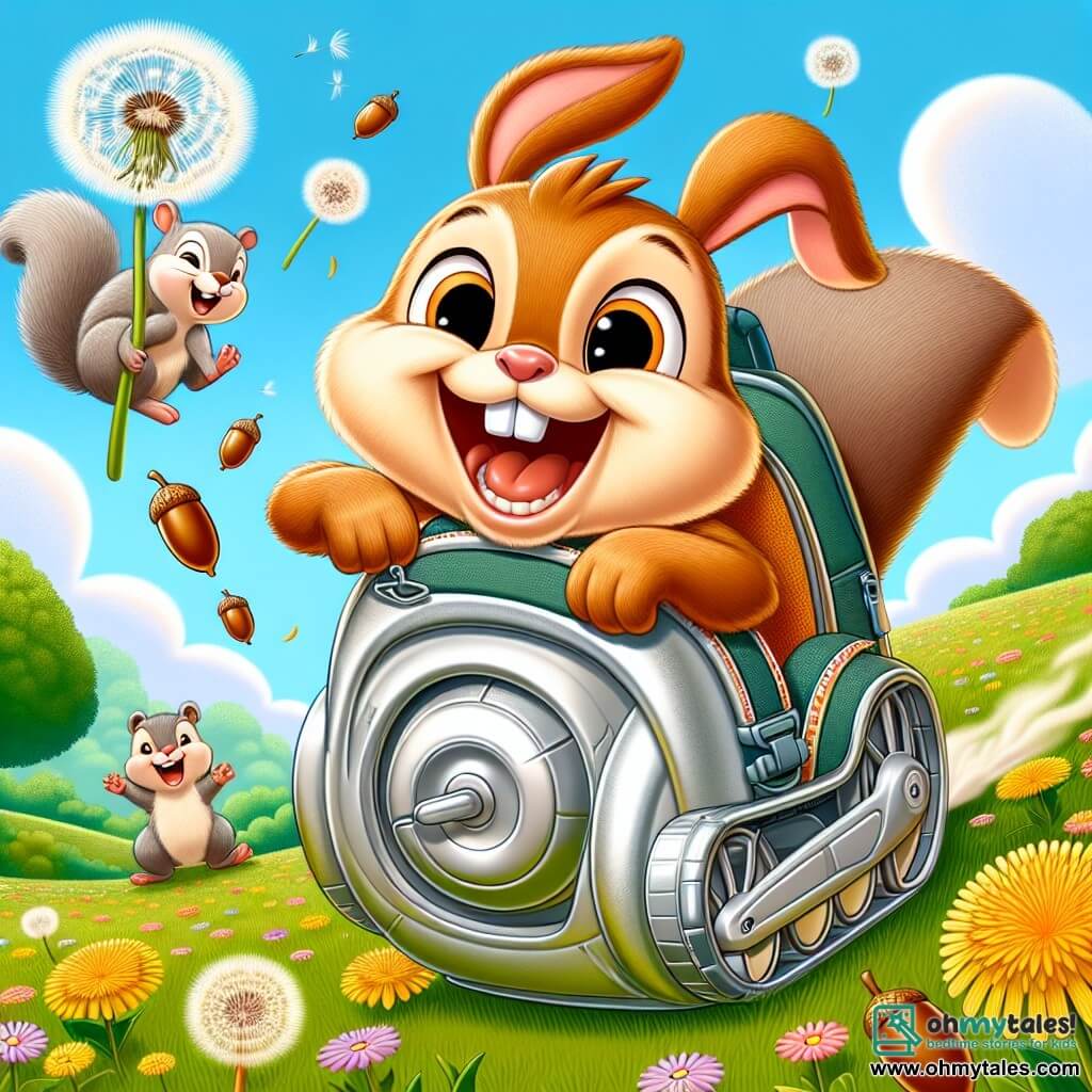 Benny the Bunny, a small rabbit with big ears and soft brown fur, is laughing joyfully while sitting in a shiny metal backpack rolling at high speed. His eyes sparkle with joy and excitement as he clings to the edges of the backpack, surrounded by dandelions flying around him like snowflakes. Next to him, Charlie the Squirrel, a mischievous squirrel with gray fur and a fluffy tail, is juggling acorns while laughing. He stands on his hind legs, smiling broadly, ready to follow Benny on the adventure. The setting is a green hill dotted with colorful flowers and golden dandelions under a bright blue sky with fluffy clouds. In the background, a majestic tree provides shade and shelter for the garden animals. The main scene shows Benny racing in the backpack, surrounded by dandelions soaring through the air, while Charlie looks on with admiration and amusement, creating a scene full of joy and energy.