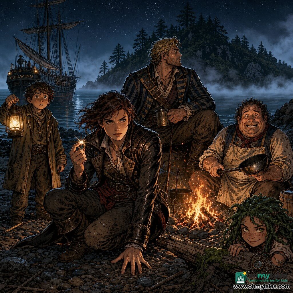 Mara Quill, a ~30-year-old pirate woman with short wind-swept brown hair, focused gaze and determined smile, wearing a worn leather coat and muddy boots, holds a bright copper ring on her finger and rests a hand on the shore by a campfire; Boone, a tall burly man (~35) with tousled blond hair and a striped jacket, sits to her right with a protective look and a tin cup, staring at the sea; Saff, a young boy (~12) with freckles and an oversized coat, stands left of Mara holding a lantern, wide-eyed by the rocks; Jory, a round, comic middle-aged man (~40) in a stained apron, sits near the fire nervously laughing while holding an improvised pan; Lark, a mischievous girl (~10) with seaweed-green streaked hair, cloaked in sails with small compasses at her neck, peeks from behind a log grinning; setting: a pebble beach under a starry sky, crackling campfire, the schooner Gullwing anchored in a misty cove to the left, and a wooded island behind the beach shrouded in shifting fog that seems to drift on the water; main scene: a calm, magical night— the captain shows the recovered ring as her companions watch the mysterious island move gently in the mist, warm firelight contrasting with cool blue-gray fog, rich textures of leather, wood, pebbles and moss.