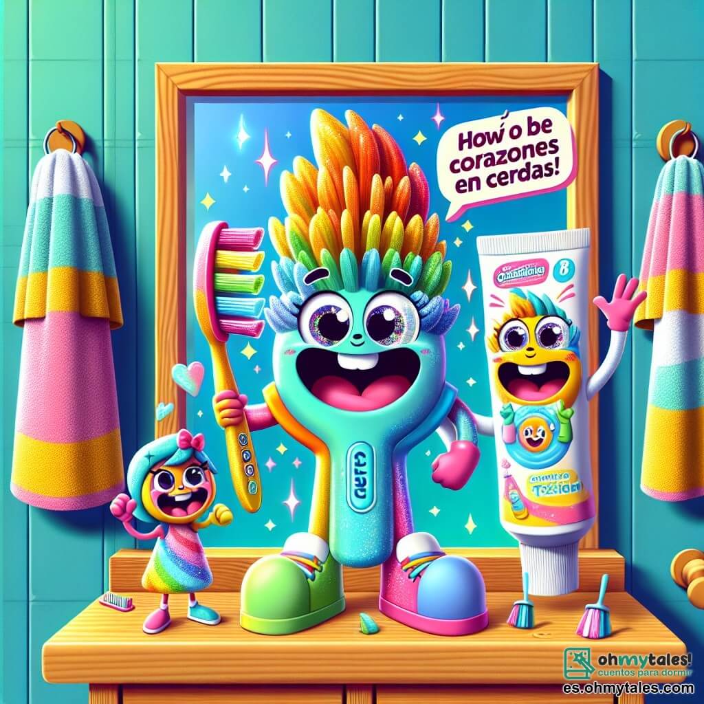 En el centro de la imagen, un pequeño cepillo de dientes llamado Cepi, con cerdas suaves y coloridas como un arcoíris, sonríe alegremente mientras sostiene un pequeño cartel que dice "Corazones en Cerdas". Sus cerdas brillan bajo la luz y sus ojos destellan de entusiasmo. A su lado, su mejor amiga, un tubo de pasta de dientes llamada Pastina, tiene un rostro sonriente y ojos brillantes. Ella hace un gesto amistoso con una de sus manos, como si animara a Cepi, y tiene destellos de color pastel que se mezclan con su tubo. El fondo es una estantería de baño de madera clara, llena de toallas coloridas y juguetes de baño. Un espejo al fondo refleja la escena, añadiendo un toque de magia. La situación principal muestra a Cepi y Pastina rodeados de sus amigos, todos riendo y divirtiéndose juntos, mientras Cepi explica con entusiasmo cómo ser feliz a pesar de sus "Cerdas Frágiles". Burbujas de jabón flotan a su alrededor, añadiendo una atmósfera alegre y lúdica a la escena.