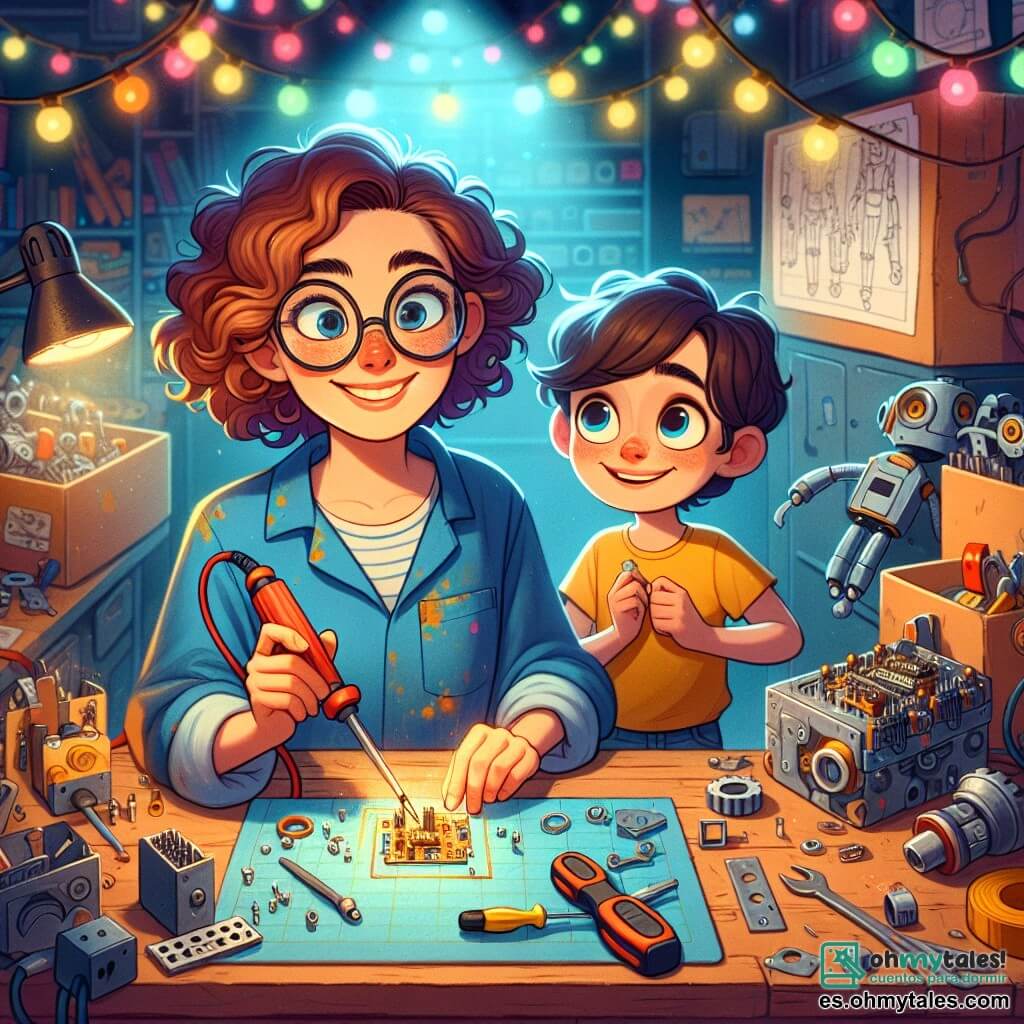 Clara, una mujer de unos treinta años con cabello rizado y gafas redondas, sonríe y se concentra rodeada de piezas de metal coloridas y herramientas brillantes en su taller. Lleva una bata de trabajo azul, llena de manchas de pintura, y está soldando una pequeña parte de un robot con una lámpara que ilumina su rostro alegre. A su lado, Lucas, un niño de 10 años con cabello castaño y ojos chispeantes, observa con asombro. Viste una camiseta amarilla y un short azul, sosteniendo un destornillador en sus manos, listo para ayudar a Clara. El taller es un lugar mágico, lleno de máquinas extrañas, cajas de piezas, planos colgados en las paredes y luces de colores que brillan, creando un ambiente cálido e inspirador. La escena principal muestra a Clara y Lucas trabajando juntos en un robot, Clara explicando con pasión cómo ensamblar las piezas, mientras Lucas, con los ojos brillantes de emoción, toma notas en un cuaderno. La atmósfera está llena de creatividad y alegría, ilustrando el poder de la imaginación y la invención.