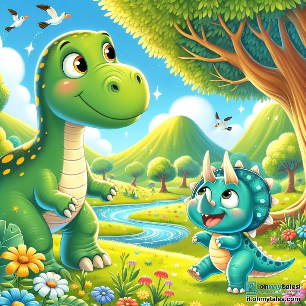 Un grande diplodoco di nome Dino, con la pelle verde e macchie gialle, si trova felice sotto un maestoso albero, i suoi grandi occhi brillano di curiosità mentre mangia foglie. Accanto a lui, un piccolo triceratopo di nome Trixie, con la pelle blu e tre corna sulla testa, salta di gioia, sorridendo e guardando Dino con entusiasmo. La scena si svolge in una valle soleggiata, piena di fiori colorati e un fiume scintillante che serpeggia nel paesaggio verde. Dino e Trixie giocano insieme, esplorando il loro ambiente magico, pieni di gioia e amicizia.