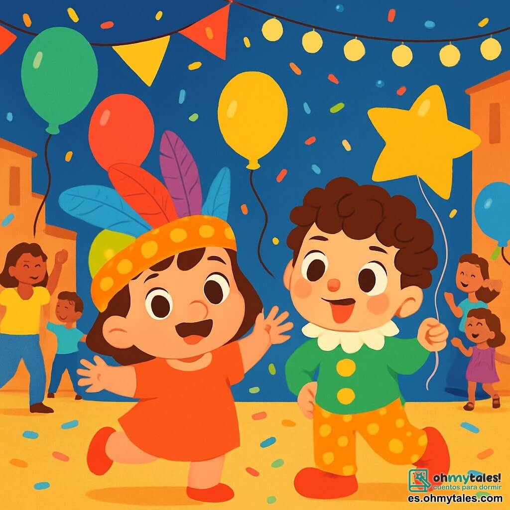 Una niña de 2 años, Luna, con grandes ojos brillantes y una amplia sonrisa, lleva un sombrero colorido adornado con plumas y brillantina. Ella baila alegremente en medio de un carnaval, rodeada de globos multicolores flotando en el aire. A su lado, un niño de 3 años, su amigo Tomás, con cabello rizado y un disfraz de payaso, hace muecas mientras sostiene un globo en forma de estrella. Al fondo, una calle animada está decorada con guirnaldas luminosas y confeti que cae suavemente, mientras adultos y niños bailan y ríen. La escena principal muestra a Luna y Tomás, maravillados, buscando el tesoro escondido del carnaval, con ojos brillantes de emoción y curiosidad.