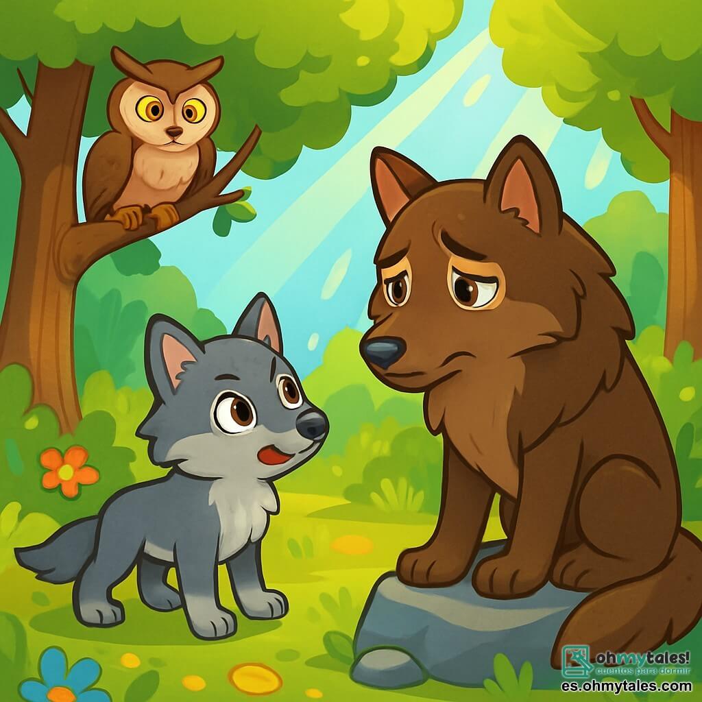 Un pequeño lobo de ojos brillantes y curiosos, con pelaje gris y patas ágiles, se encuentra en el centro de la escena, mostrando una expresión decidida y valiente. Observa atentamente a un gran lobo de pelaje marrón oscuro, que parece triste y apenado, sentado sobre una piedra, con las orejas caídas. Aunque masivo, el gran lobo muestra dulzura en su mirada, como si intentara explicar algo importante. La escena transcurre en un claro verde del bosque encantado, rodeado de majestuosos árboles de hojas verdes brillantes y flores coloridas que bailan suavemente con el viento. Rayos de sol atraviesan las ramas, iluminando el suelo cubierto de hojas doradas. El pequeño lobo y el gran lobo se enfrentan, mientras un viejo búho sabio, posado en una rama baja, observa la escena con ojos penetrantes, listo para intervenir. La atmósfera es tensa pero llena de esperanza, mientras el pequeño lobo intenta comprender la situación del gran lobo, que ha tomado a las ovejas para protegerlas.