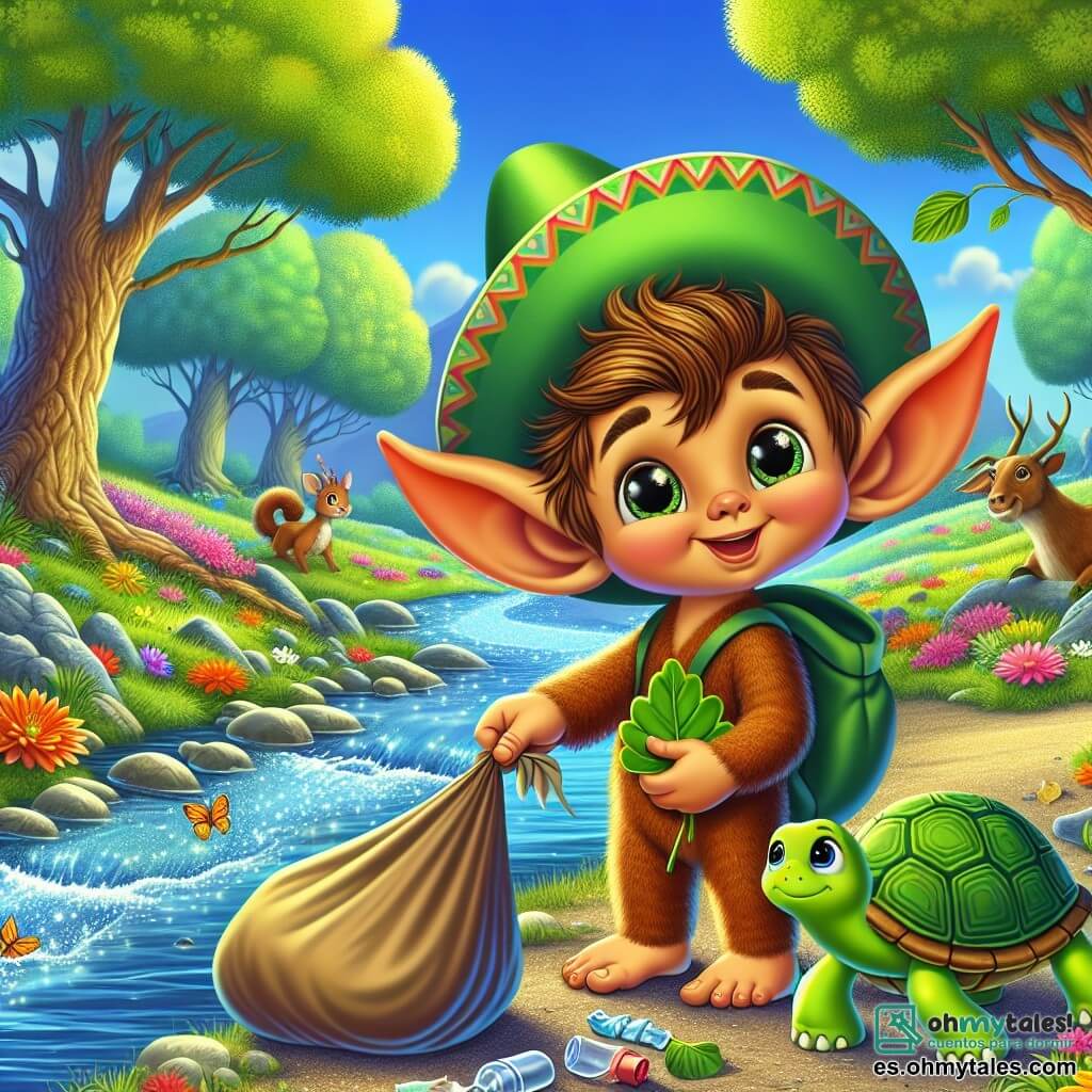 Un pequeño duende con grandes orejas puntiagudas y una sonrisa alegre, que lleva un sombrero verde, está recogiendo basura al borde de un arroyo brillante. Sus ojos brillan de entusiasmo y determinación mientras se inclina para recoger un trozo de plástico. A su lado, una tortuga sabia con un caparazón verde y ojos suaves observa con preocupación, sosteniendo una hoja con sus patas. Parece reflexionar sobre la mejor manera de ayudar a su amigo. El lugar es un hermoso bosque, lleno de majestuosos árboles de hojas verdes brillantes, flores coloridas que bailan al viento y un arroyo claro que serpentea por el paisaje, reflejando el cielo azul. La situación principal muestra al duende y a la tortuga unidos en su misión de limpieza, rodeados de su alegre grupo de amigos animales, todos decididos a hacer su entorno más limpio y hermoso.
