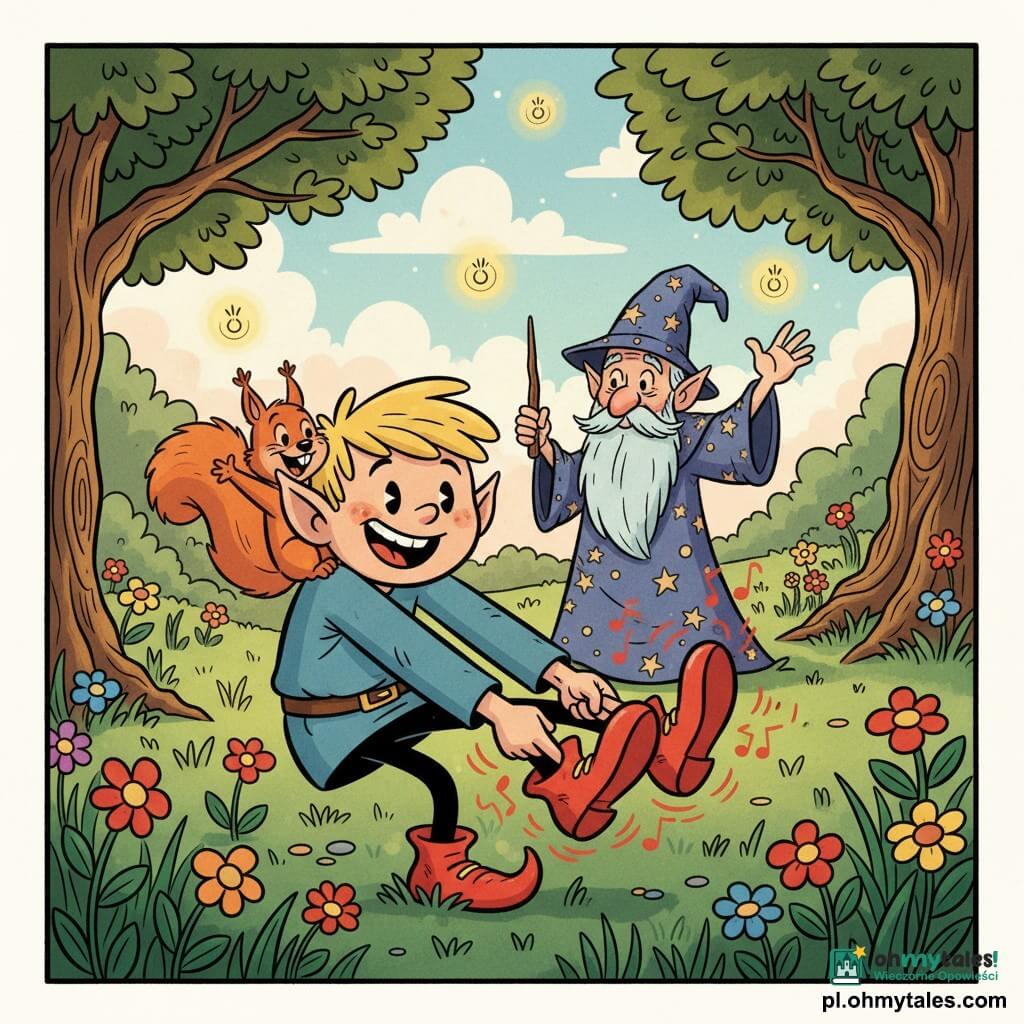 Fikulek — elf, chłopiec (ok. 10 lat): okrągła twarz, duże spiczaste uszy, rozczochrane blond włosy, rozbawione oczy; figlarnie uśmiecha się i lekko trzyma parę czerwonych, błyszczących butów magicznych, które chcą same tańczyć. Pufek, mała wiewiórka: psotne zwierzątko na lewym ramieniu Fikulka, ruda sierść, puszysty ogon, śmieje się i wyciąga łapkę, by przytrzymać niepokorne buty. Mędrzec Miękkostóp — elf, bardzo stary chłopiec o wyglądzie starego maga: długa srebrna broda, sfatygowany spiczasty kapelusz, gwiaździsta szata; stoi w oddali i delikatnie macha drewnianą różdżką, patrząc życzliwie. Miejsce: jasna łąka z wysoką szmaragdową trawą, kolorowymi kwiatami i starymi dębowymi pniami, pastelowe niebo z puszystymi chmurami i kilkoma świetlikami. Sytuacja: Fikulek uczy się kontrolować swoje magiczne buty — dynamiczna scena: czerwone buty w ruchu w kreskówkowym stylu, śmiech i magiczne iskry wokół, kompozycja skupiona, żywe kolory, grube czarne kontury, miękkie ciepłe oświetlenie.