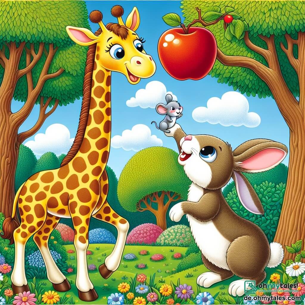 Eine elegante Giraffe namens Gina mit einem langen, braun-gelben gefleckten Hals steht auf ihren Hinterbeinen, ihre Augen glänzen vor Aufregung, während sie ihren Hals nach einem großen, saftigen roten Apfel streckt, der hoch an einem Ast hängt. Neben ihr steht ein kleiner Hase mit großen weißen Ohren und weichem, seidigem Fell auf seinen Hinterbeinen, bereit zu helfen, während eine kleine graue Maus mit funkelnden Augen auf den Rücken des Hasen klettert, um Gina zu erreichen. Die Szenerie zeigt einen bunten Wald mit dicken Baumstämmen, leuchtend grünen Blättern, bunten Blumen auf dem Boden und einem hellblauen Himmel mit flauschigen Wolken. Die Szene zeigt Gina, den Hasen und die Maus, die in einem Moment fröhlicher Kameradschaft vereint sind, während sie zusammenarbeiten, um den Apfel zu erreichen, und verdeutlicht die Bedeutung von Freundschaft und gegenseitiger Hilfe.