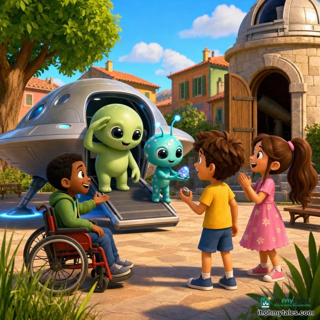 Ci sono 5 personaggi: Luca, ragazzo di circa 9 anni con capelli castani spettinati, maglietta gialla e pantaloncini blu, tiene una piccola pietra brillante nella mano destra e guarda la navetta, al centro davanti; Matteo, ragazzo di circa 9 anni con capelli neri corti in sedia a rotelle manuale rossa, veste una giacca verde, sorride e tende la mano verso gli alieni, leggermente a sinistra di Luca; Sara, bambina di circa 8 anni con lunghi capelli castani legati in coda, vestito a fiori rosa, applaude felice e sta a destra di Luca; Alieno 1: piccolo essere verde pallido, occhi neri grandi, silhouette rotonda e braccia sottili, saluta i bambini dalla rampa; Alieno 2: più piccolo, pelle turchese con macchie argentate e antenne luminose, tiene una piccola pietra luminosa da offrire. Luogo: una piazza di paese soleggiata con pavimentazione in pietra, un grande albero foglioso a sinistra, case basse colorate sullo sfondo, panchine di legno e erba alta ai bordi; a destra un vecchio osservatorio in pietra con grande porta di legno socchiusa; cielo azzurro con qualche nuvola. Situazione: una piccola navetta argentata è atterrata dolcemente al centro della piazza con luce blu tenue sotto lo scafo; i due alieni scendono la rampa e offrono una pietra luminosa ai tre bambini, che rispondono con meraviglia e sorrisi; atmosfera calda, colori vivaci, espressioni gioiose, composizione centrata sull'incontro e lo scambio.