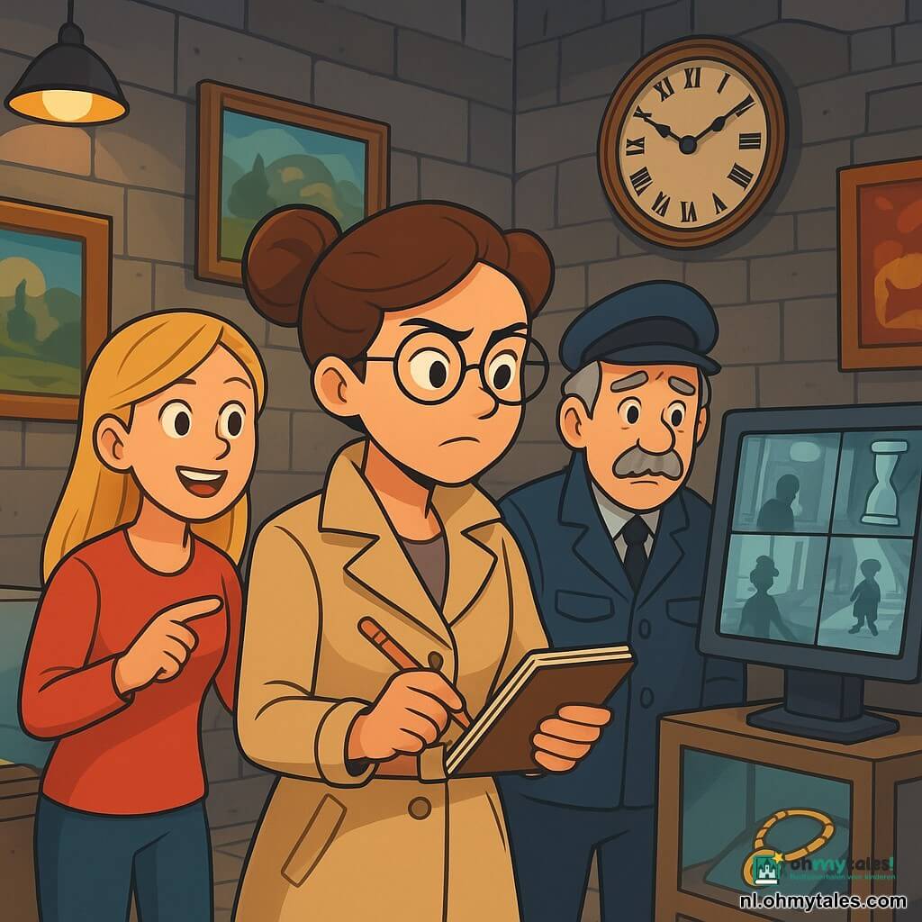 Een vrouwelijke detective, genaamd Nina, staat in het midden van de scène, met bruin haar in een knot en ronde brillen die haar een intelligente en vastberaden uitstraling geven. Ze draagt een beige trenchcoat en houdt een notitieboekje in een hand, met een geconcentreerde en nieuwsgierige uitdrukking. Aan haar rechterkant kijkt een oudere man, de museumwacht, met grijs haar en een snor, bezorgd naar de beveiligingsbeelden op een scherm. Aan haar linkerkant wijst een jonge vrouw, de museumgids van ongeveer 25 jaar, met blond haar en een vriendelijke glimlach, op een afbeelding op het scherm, zichtbaar opgewonden over de ontdekking. De locatie is een oud museum met grijze stenen muren, verlichte vitrines en dansende schaduwen van hanglampen. Kleurrijke schilderijen sieren de muren en een grote antieke klok siert de ruimte, wat een vleugje mysterie toevoegt. De belangrijkste situatie toont Nina die aandachtig de beveiligingsbeelden onderzoekt, op zoek naar aanwijzingen over de diefstal van een waardevolle amulet, terwijl de gids en de wacht haar observeren, ongeduldig om de waarheid te ontdekken.