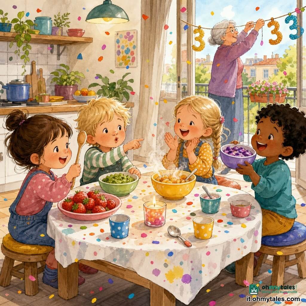 Quattro bambini di circa 3 anni intorno a un tavolo basso in cucina: Mia, bambina dai capelli castani corti con un piccolo chignon a sinistra, tiene un cucchiaio come una bacchetta e sorride davanti a un piatto di fragole rosa-rosso; Leo, biondo spettinato a destra di Mia, fa una smorfia divertita e indica una crema di verdure su un piatto verde; Sara, bionda con treccine di fronte a Mia, batte le mani felice vicino a una ciotola gialla di mele cotte fumanti; Tommaso, riccio e moro a destra di Sara, ride mostrando una ciotolina di mirtilli mescolati a yogurt viola chiaro; cucina accogliente e luminosa vista a tre quarti, tavolo in legno chiaro con tovaglia bianca macchiata di purea colorata, una finestra che dà su un balcone dove la nonna sistema una ghirlanda con il nuovo numero dell'anno, una candela accesa al centro, stoviglie colorate e coriandoli che cadono dolcemente mentre festeggiano il Capodanno.