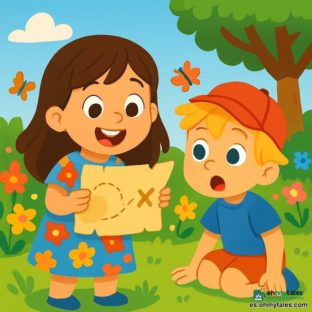 Una niña de 4 años, con largos cabellos castaños y ojos brillantes de curiosidad, sostiene un viejo papel amarillento en sus manos. Lleva un vestido de flores coloridas y una gran sonrisa en su rostro, mostrando su emoción por la aventura. A su lado, un niño de 5 años, con el cabello rubio alborotado y una gorra roja, mira el papel con asombro. Él lleva una camiseta azul y pantalones cortos, y está sentado en la hierba, listo para ayudar. El jardín está lleno de flores brillantes de todos los colores, con mariposas volando alrededor. Al fondo, se ve un gran árbol con ramas extendidas y un cielo azul claro con algunas nubes blancas esponjosas. La niña y el niño descubren juntos el tesoro escondido siguiendo el misterioso camino del jardín, con los ojos brillantes de emoción y aventura.