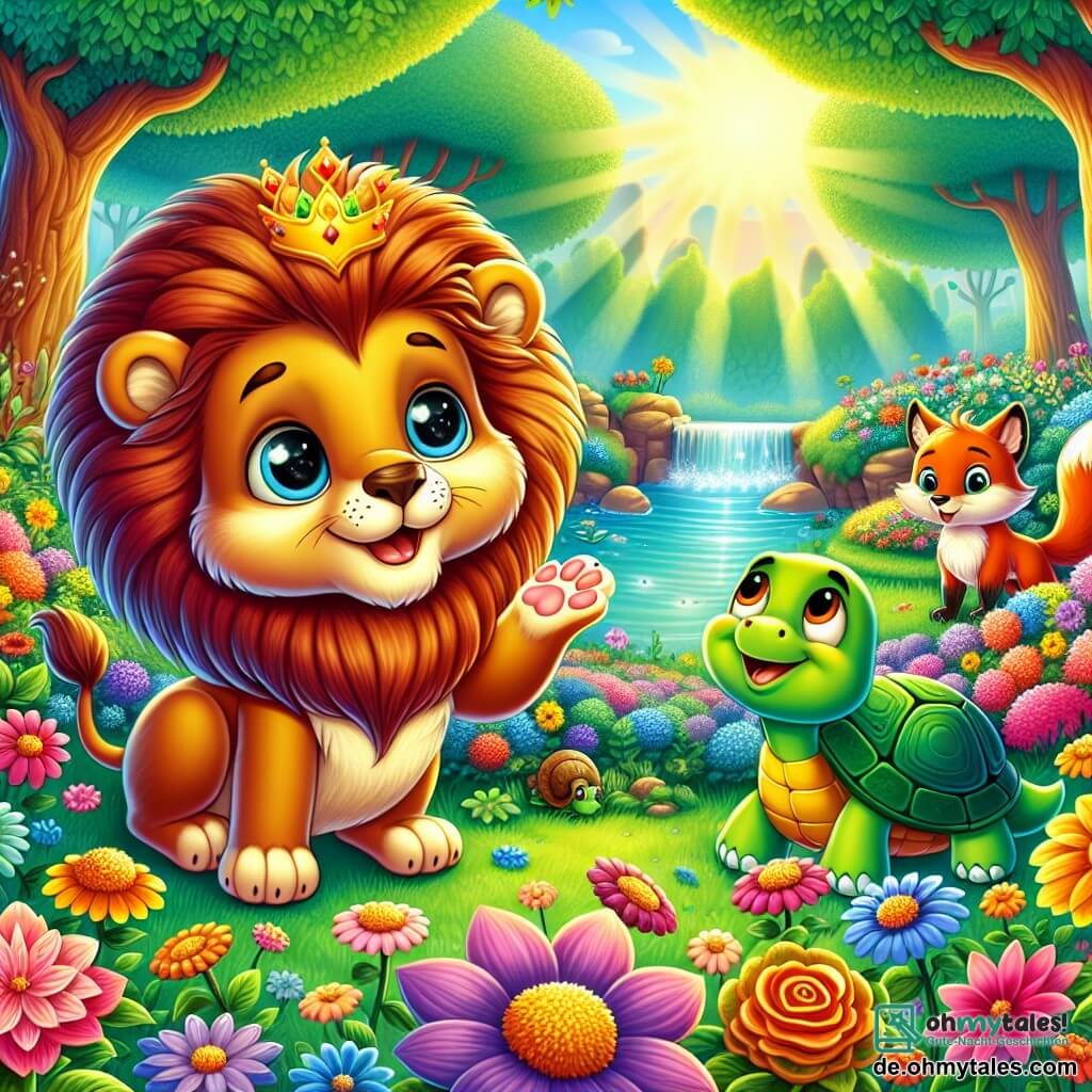 Ein kleiner Löwe namens Leo, mit einer prächtigen goldenen Mähne, die in der Sonne glänzt, steht im Mittelpunkt der Szene, seine Augen funkeln vor Aufregung und ein großes Lächeln ziert sein Gesicht. Rechts von ihm sitzt eine Schildkröte namens Tina, mit einem grünen Panzer und sanften Augen, die Leo ermutigend anblickt. Links grinst ein schlauer Fuchs namens Felix, mit leuchtend orangefarbenem Fell und einem buschigen Schwanz, und hebt eine Pfote, bereit Leo zu helfen. Die Szenerie ist ein geheimer Garten voller leuchtender Blumen: rote Rosen, gelbe Sonnenblumen und zarte Veilchen, umgeben von majestätischen Bäumen mit grünen Blättern. Im Hintergrund funkelt ein Bach in der Sonne und verleiht dem Ganzen einen Hauch von Magie. Leo, voller Enthusiasmus, ist bereit, diesen zauberhaften Garten zu betreten und seine Wunder zu entdecken, während Tina und Felix ihn bewundernd anfeuern.