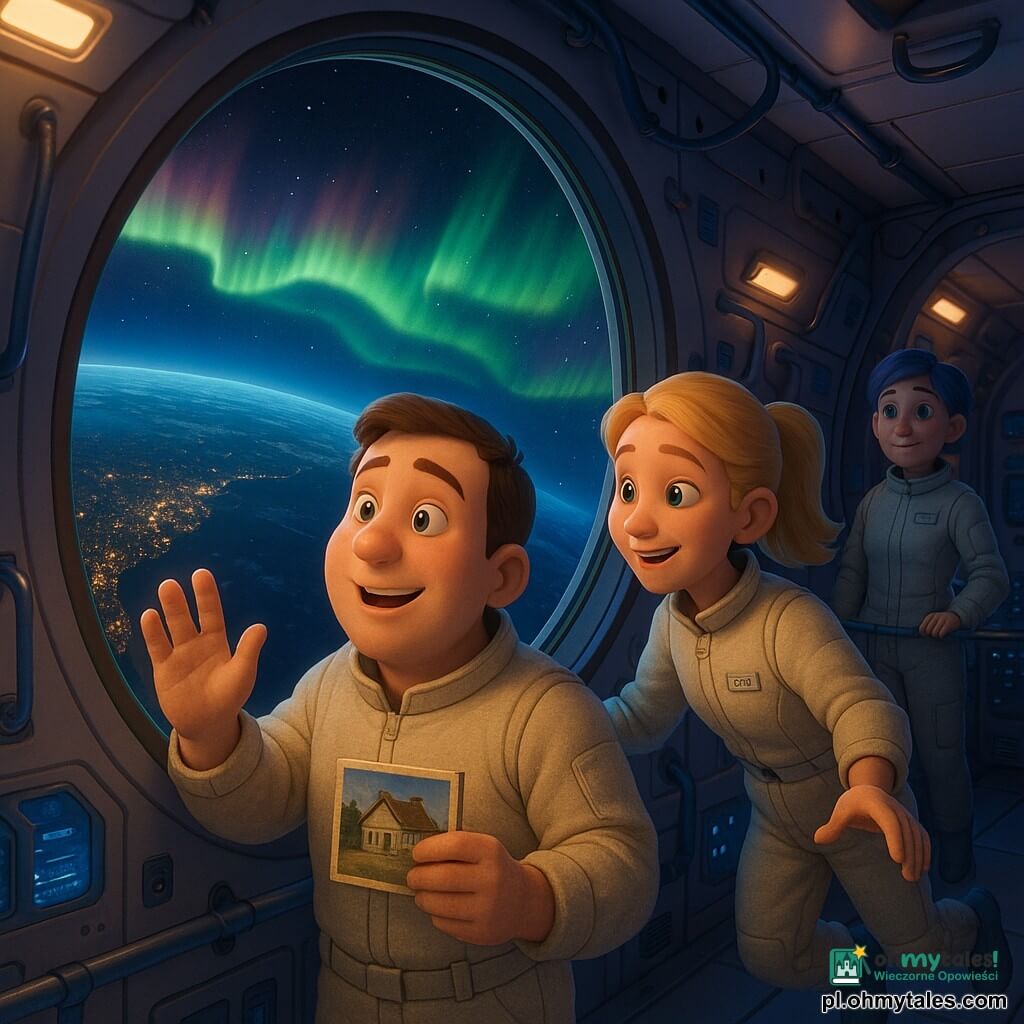 Mężczyzna-astronauta około trzydziestki, okrągła uśmiechnięta twarz, krótkie brązowe włosy, czuły wzrok skierowany na okrągłe okno, lekki skafander, jedna ręka na szybie, druga trzyma starą fotografię domu; młoda Lena (~25) z blond kucykiem, uśmiechająca się, trzyma się poręczy i wspiera go, także patrzy na zorzę; kapitan Anna (~40) z krótkimi szaro-niebieskimi włosami stoi w tle przy panelu kontrolnym i obserwuje z dumą; przestronny moduł obserwacyjny z gładkimi metalowymi ścianami, miękkim niebiesko-fioletowym oświetleniem, uchwytami i ekranami; przez dużą okrągłą szybę widać czarną Ziemię z rozświetlonymi miastami i falującą zielono-różową zorzę nad oceanem; spokojny wieczór na stacji, ciepła, bezpieczna atmosfera, trzech astronautów wspólnie kontempluje zorzę, wyraźne emocje nostalgii i współtowarzyskości, żywe kolory odbijające się na twarzach; styl: miękki realistyczny render 3D dla dzieci, gładkie faktury, ciepłe oświetlenie, czytelne życzliwe wyrazy twarzy.