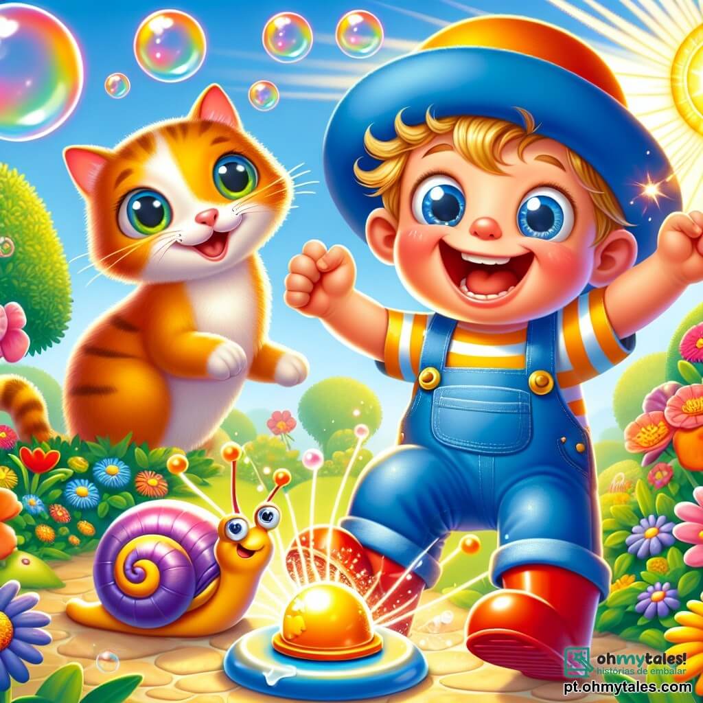 Um menino de 4 anos, Tiaguinho, com bochechas redondas e um grande sorriso, usa um chapéu azul brilhante e uma camiseta listrada. Ele pula de alegria, segurando um botão dourado que brilha em sua mão. Ao seu lado, Pompom, um grande gato laranja com botas de borracha vermelhas, está em suas patas traseiras, com os olhos arregalados de surpresa, pronto para deslizar em uma bolha de sabão. Dominguinho, um caracol com uma concha colorida, avança lentamente, com os olhos brilhando de curiosidade, observando o botão mágico. A cena acontece em um jardim ensolarado de Pompilândia, repleto de flores coloridas, pequenas árvores com folhas brilhantes e bolhas de sabão flutuando no ar. No centro, Tiaguinho ri enquanto aperta o botão dourado, provocando explosões de luz e respingos de cores vibrantes ao seu redor.