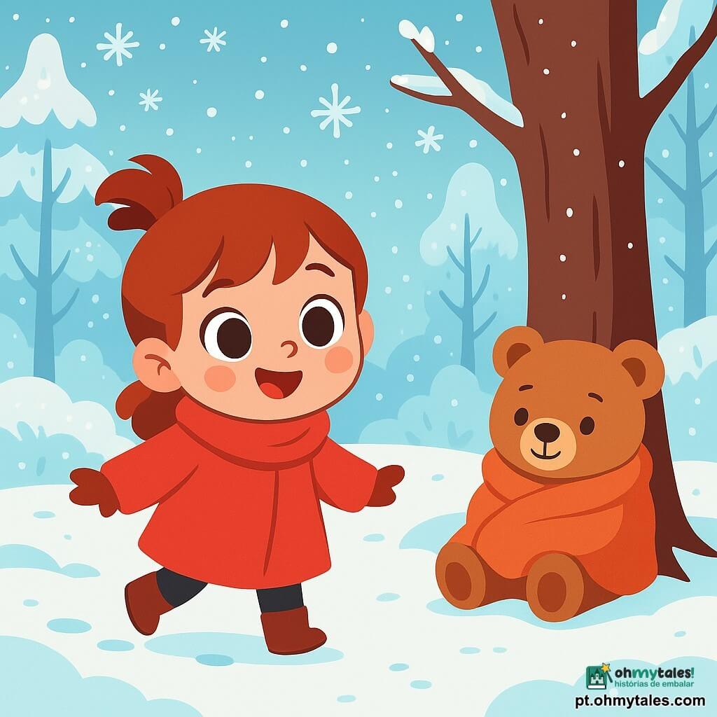 Uma pequena raposa de pelos acaju, chamada Lili, está alegremente no meio de uma paisagem invernal. Seus grandes olhos brilhantes expressam curiosidade e admiração. Ela usa um suave cachecol vermelho que contrasta com a neve branca ao seu redor. Ao lado dela, um ursinho de pelúcia, Tom, está enrolado em um cobertor, com um olhar tímido, mas reconfortado. O cenário é uma floresta encantada, onde as árvores estão cobertas de geada cintilante e o chão é revestido por uma espessa camada de neve imaculada. Flocos de neve caem suavemente do céu, criando uma atmosfera mágica e pacífica. Lili e Tom brincam juntos, deixando pegadas na neve enquanto se maravilham com os flocos que dançam no ar.
