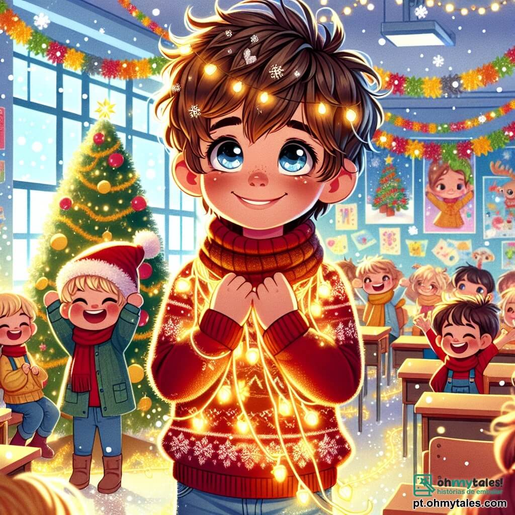 Um menino de 12 anos, Miguel, com cabelos castanhos bagunçados e olhos cheios de curiosidade, está em frente a uma linda árvore de Natal decorada, com um grande sorriso no rosto, expressando alegria e encantamento. Ele usa um suéter vermelho com padrões de flocos de neve e uma calça jeans. Ao lado dele, seu irmão mais novo, Luís, de 6 anos, com cabelos loiros e bochechas arredondadas, está enrolado em luzes de Natal, rindo alto, o que acrescenta um toque de alegria à cena. Ao fundo, a sala de aula está decorada com guirlandas coloridas e desenhos de crianças pendurados nas paredes, criando uma atmosfera festiva e acolhedora. A cena principal mostra Miguel e Luís se divertindo juntos, cercados por seus colegas de classe, todos brincando na neve e celebrando a magia do Natal, com flocos de neve caindo suavemente ao redor deles.