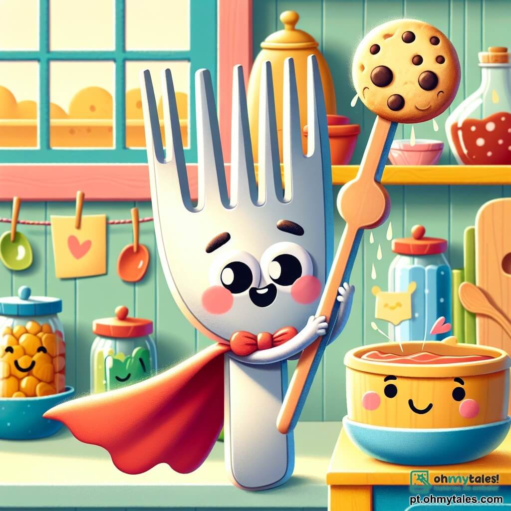 Um pequeno garfo chamado Gil, alegre e colorido, com um grande sorriso e olhos brilhantes, está pendurado na borda de uma alta prateleira de cozinha, segurando um delicioso biscoito entre os dentes. Ele usa um pequeno lenço vermelho como capa, flutuando atrás dele, enquanto exibe uma expressão de triunfo e excitação. Ao seu lado, uma grande colher de madeira, com um rosto amigável e olhos redondos, observa Gil com admiração, de braços cruzados, em um prato colorido abaixo, pronta para encorajá-lo. Um prato azul, sorridente e curioso, está logo abaixo, levantando os braços como se estivesse aplaudindo a façanha de Gil. A cena ocorre em uma cozinha acolhedora e colorida, com paredes pintadas de amarelo pastel, prateleiras cheias de potes de geleia e livros de receitas, e uma grande janela que deixa entrar a luz do sol, iluminando o espaço. A situação principal mostra Gil, o garfo super-herói, realizando seu desafio impossível de pegar o último biscoito do pote alto, cercado por seus amigos que o incentivam com entusiasmo.