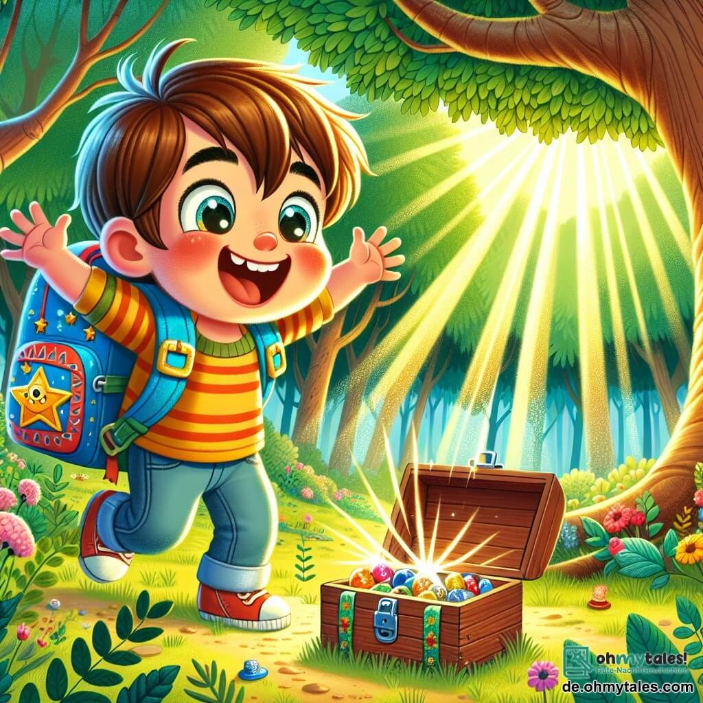 Ein lächelnder kleiner Junge mit kastanienbraunen Haaren und funkelnden Augen trägt einen bunten Rucksack auf dem Rücken. Er entdeckt mit Freude und Aufregung eine kleine Holzkiste, die unter einem großen Baum im Wald versteckt ist. Neben ihm hat ein blauer Rucksack mit Sternenmuster einen fröhlichen Ausdruck und scheint eine faszinierende Geschichte zu erzählen, während ein roter Rucksack mit Blumen fröhlich singt, die Arme erhoben und von Licht umgeben. Der Ort ist ein grüner Wald mit Sonnenstrahlen, die durch die Blätter der Bäume scheinen und den mit Wildblumen und Blättern bedeckten Boden erhellen. Die Hauptsituation zeigt den magischen Moment, in dem die Kinder den versteckten Schatz entdecken, eine kleine Kiste voller bunter Murmeln, die Freundschaft und Abenteuer des Sommers symbolisiert.