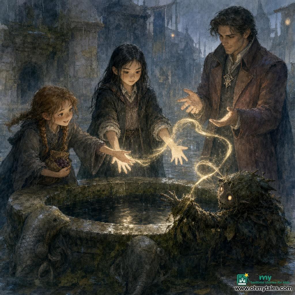 Mara Vell, an apprentice witch of about 11, calm and determined with flat black hair and a worn school-robe, stands upright with hands open over a dark stone basin as a thin ribbon of golden "Breath of Light" floats above the water; beside her to the left, Juniper Lark, a small freckled girl with messy pigtails and a lively, encouraging expression, leans protectively holding a small bag of grapes; to the right and set back, Envoy Sable Mire, an adult man in a dawn-colored coat with a silver lantern-brooch, watches attentively with slightly raised hands; a small knot-keeper creature of curled wet leaves and bark with button-bright eyes emerges at the basin's edge trying to rewrap the light; the scene is a rainy, mossy old stone courtyard with a circular fish-carved fountain, tense but warm atmosphere, soft watercolor palette of pale golds, slate-blue night, mossy greens and stone browns.