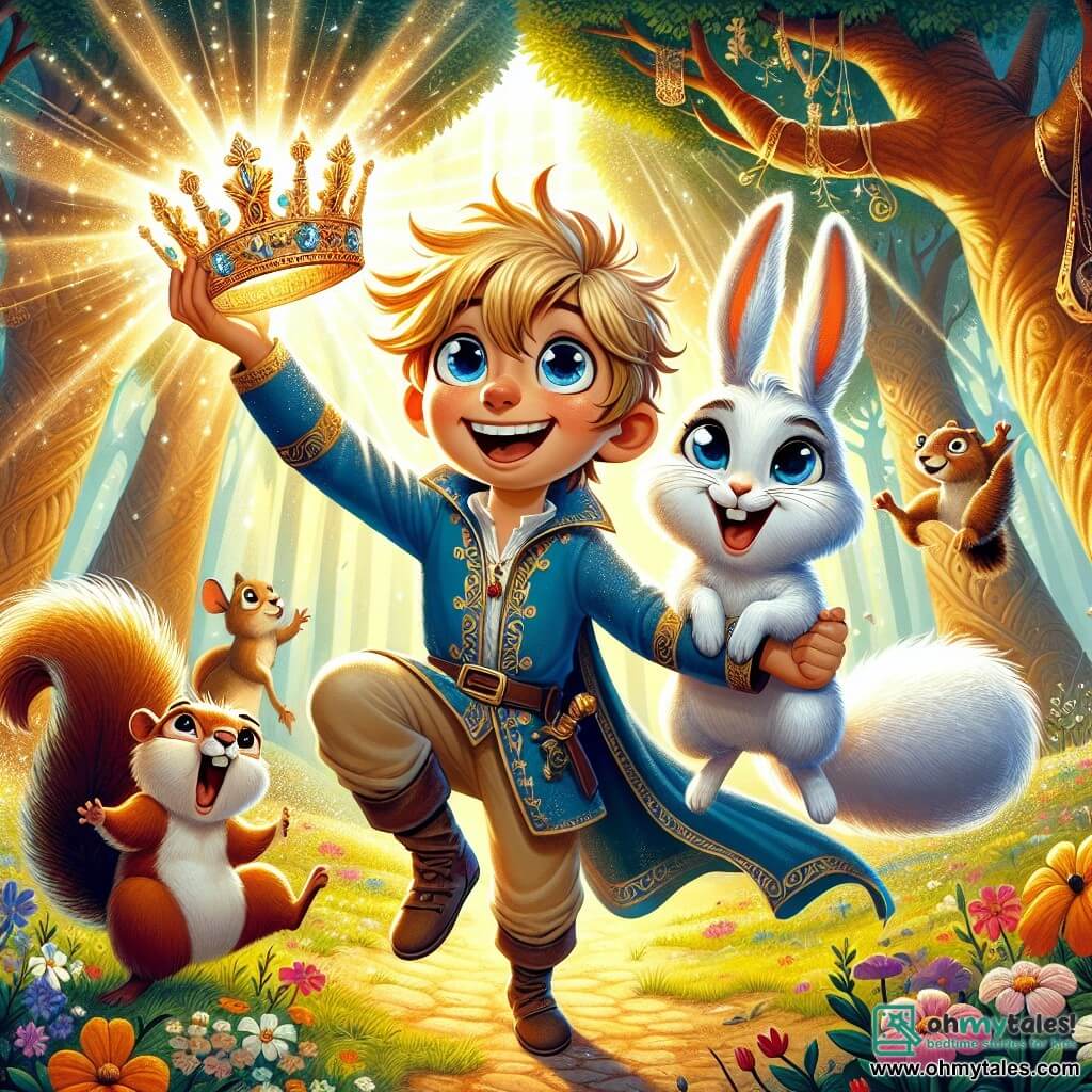 In the center of the image, Prince Felix, a young boy of about 10 years old with messy blond hair and sparkling curious eyes, stands with a big smile on his face. He wears a blue tunic adorned with golden patterns and beige pants, holding a sparkling crown in his hands, symbolizing his courage and friendship. Beside him, a small bunny with big ears, white fur, and bright eyes jumps joyfully, expressing excitement for the adventure. A mischievous squirrel with brown fur and playful eyes climbs onto Felix's shoulder, ready to assist him on his quest. The setting is an enchanted forest filled with majestic trees, vibrant flowers, and sunlight streaming through the leaves, creating a magical atmosphere. The main scene shows Felix, with his animal friends, triumphing after retrieving the queen's magical crown, surrounded by a shimmering aura symbolizing the strength of friendship and courage in the face of adversity.