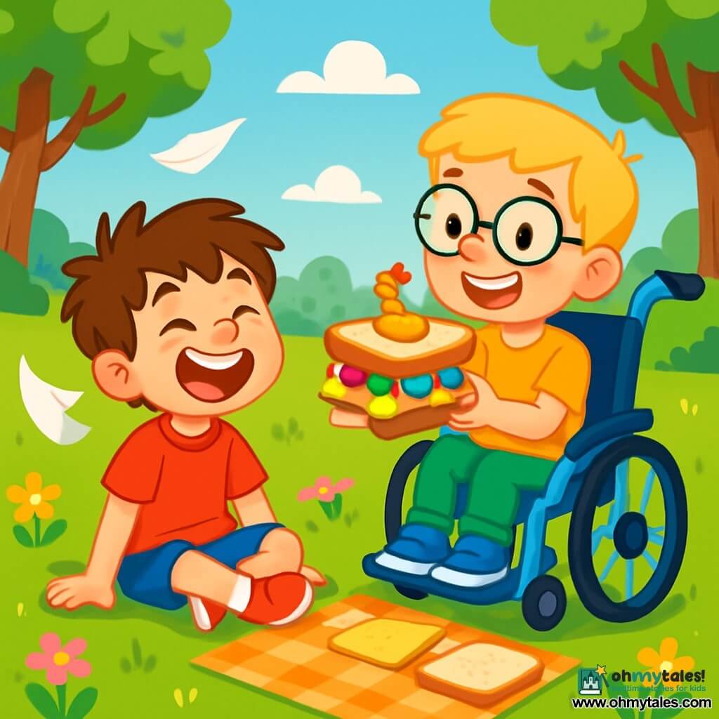 There are two main characters: Max, a 7-year-old boy with messy brown hair, wearing a red t-shirt and red sneakers, sitting on the grass and laughing heartily; and Leo, an 8-year-old boy with blonde hair and round glasses, sitting in a blue wheelchair, smiling joyfully while holding a colorful sandwich. The setting is a sunny park filled with vibrant greenery, where large trees with green leaves sway gently in the wind, and colorful flowers dot the ground. A small pond sparkles in the distance, with ducks swimming peacefully. The main scene shows Max and Leo making a funny sandwich with quirky ingredients like slices of bread, cheese, candy, and a plastic chicken toy, while napkins fly around them in the wind, adding a touch of whimsy to their adventure.