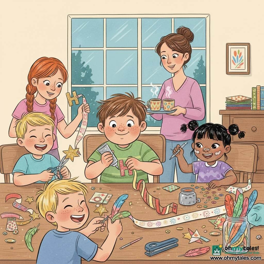 An 8-year-old boy with a round freckled face and messy brown hair, joyful and focused, glues a glittery “H” onto a garland while sitting at the edge of a cluttered table; his 5-year-old sister with black pigtails and a mischievous smile sticks sequins with glue splatters on her nose beside him; his 8-year-old blond friend makes a playful face and cuts a gold star at the left; a 9-year-old redheaded neighbor girl braids and draws tiny fireworks with a silver pen near the paint pots; a 5-year-old blond boy giggles as he staples a colored feather to the garland in the foreground; their mother in her thirties with tied-back hair and a gentle smile stands behind the table holding a tray of steaming cocoa; the warm cream-walled living room has a wooden table strewn with colored paper, silver ribbons, paint jars and a partly assembled garland, a large frosted window letting in bluish evening light—an animated, messy, festive New Year garland-making workshop with sticky hands, sparkling glitter, shared laughter and camaraderie.