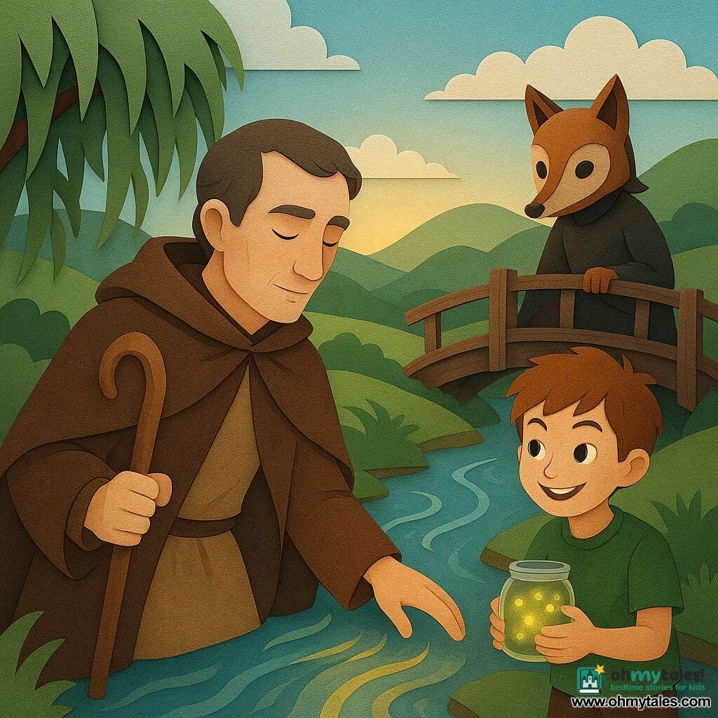 A middle-aged man, Rowan, stands by a river, his face serene and thoughtful. He wears a brown wool cape and holds a polished wooden shepherd's staff. Next to him, a ten-year-old boy, Brin, smiles mischievously, holding a small glass jar filled with fireflies. Behind them, a mysterious character, Foxmask, half-man half-fox, wears a mask sewn with button-shaped eyes, sitting on a worn wooden bridge. The setting is a verdant valley with gentle hills and a blue sky dotted with fluffy clouds. The main scene shows Rowan reaching out toward the river as the wind plays with the willow leaves and the river begins to gently sing, illuminated by the golden light of the setting sun.