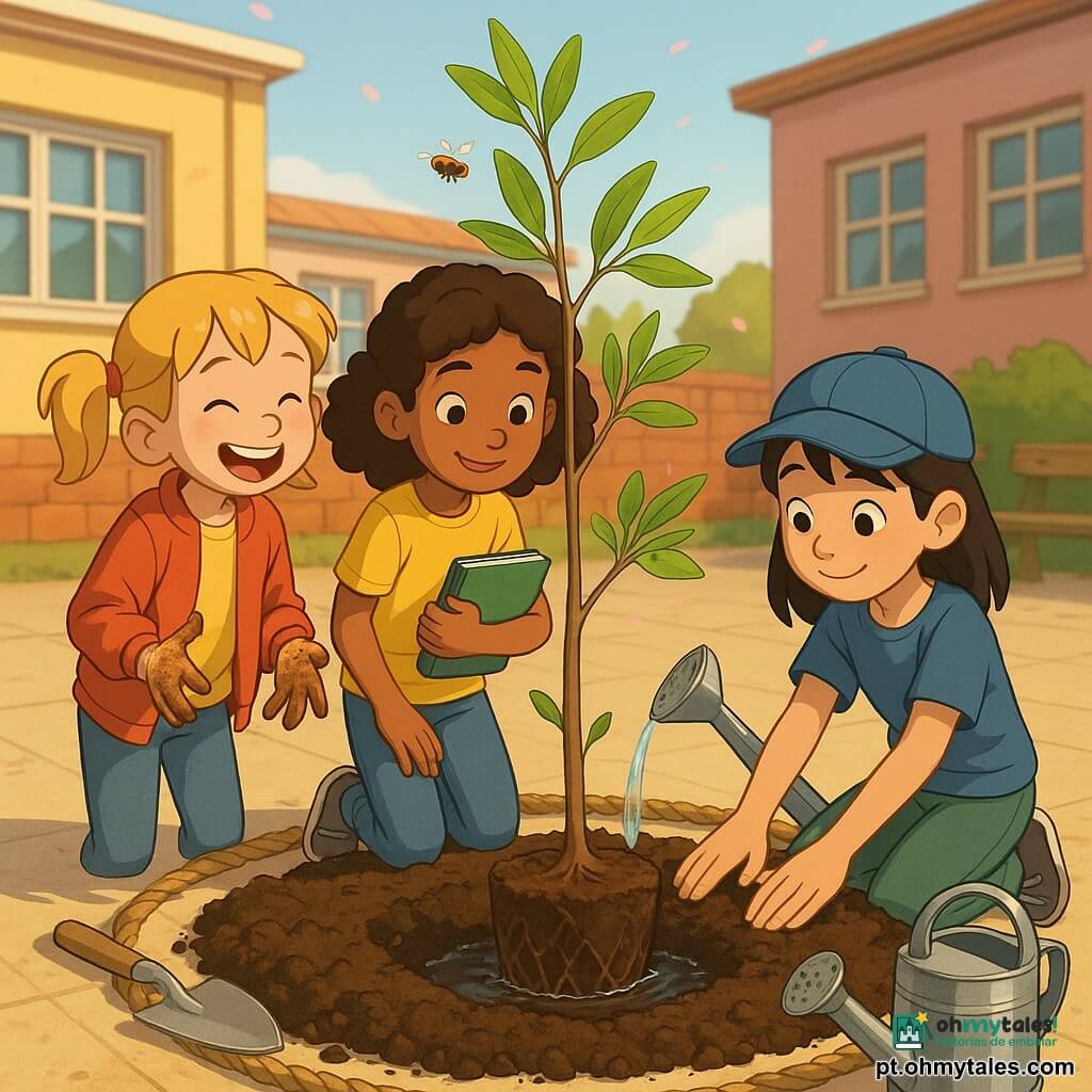 Três meninas cerca de 10 anos: no centro, cabelos castanhos médios e encaracolados, camiseta amarela e jeans, segura um caderno de desenho verde e observa a pequena amendoeira; à esquerda, cabelos loiros em rabo, jaqueta vermelha e mãos sujas de terra, ri olhando a colega; à direita, cabelos pretos lisos com boné azul, sem luvas, amassa a terra com as mãos enquanto segura o tronco. Pátio escolar ensolarado com piso de cimento claro e um círculo de terra escura delimitado por corda, muro baixo de tijolos vermelhos, banco de madeira à direita e prédios escolares ao fundo; luz suave de fim de manhã com sombras definidas. As meninas plantam uma jovem amendoeira: a torrão marrom e raízes finas visíveis, mãos sujas, uma pequena pá metálica ao lado e um regador brilhante a derramar; atmosfera de primavera com brotos verdes, uma abelha e pétalas rosas. Estilo 3D cartoon, cores saturadas, contornos cel-shading e texturas táteis (terra, madeira, folhas brilhantes).