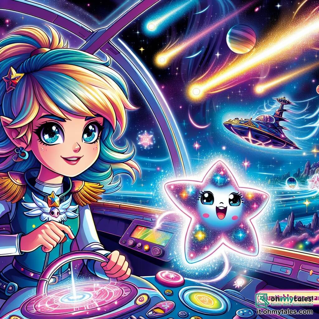Aria, una giovane donna dai capelli color cielo e dagli occhi brillanti come stelle, si erge orgogliosamente a bordo della sua nave spaziale, la "Luce Cometa". Il suo volto esprime una determinazione splendente, mentre regola i comandi con mano ferma. Accanto a lei, Lumino, una piccola creatura luminosa a forma di stella, svolazza gioiosamente, emettendo scintille che illuminano l'interno della nave. Il vascello è circondato da un cielo stellato, costellato di nebulose colorate e pianeti scintillanti. Aria è pronta ad affrontare una flotta di navi oscure dei Predatori dell'Ombra, che emergono all'orizzonte. Le navi pirata, minacciose e oscure, contrastano con la luminosità della "Luce Cometa", mentre Aria si prepara a difendere la magia di Aurelis con coraggio e bravura.