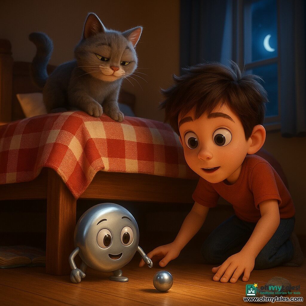A small living shiny button (anthropomorphic) with a curious, proud expression and two round eyes crawls under a bed reaching for a gleaming marble; nearby Max, a 7–9-year-old boy with tousled brown hair, crouches with a hand out to catch it, while Smokey, a fluffy grey cat with mischievous half-closed eyes, perches on the bed edge watching. The warm guest bedroom has a red-and-white plaid blanket, open picture book, a stray sock, and a window admitting a sliver of moonlight; the marble rolls under the bed and emits a faint whistle when it hits the bed leg, creating a soft nighttime scene of shared discovery with moonlight and metallic reflections on the button.
