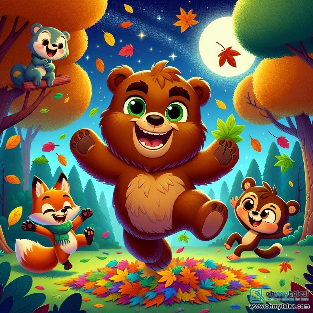 A bear named Benny, big and fluffy with brown fur and a mischievous smile, joyfully jumps into a pile of colorful leaves, arms spread wide and eyes shining with happiness. Next to him, a clever fox named Fiona, with bright orange fur and playful eyes, laughs at Benny while holding a leaf in her paw. A mischievous monkey named Max, with brown fur and a long tail, swings from a tree branch, laughing and watching his friends. The scene takes place in a nighttime park under a starry sky, with a big bright moon illuminating the landscape. Majestic trees surround the area, and multicolored leaves fly in the air, creating a magical and joyful atmosphere. Benny, Fiona, and Max are having fun together, splashing with joy and laughter in a moment of friendship and adventure under the stars.
