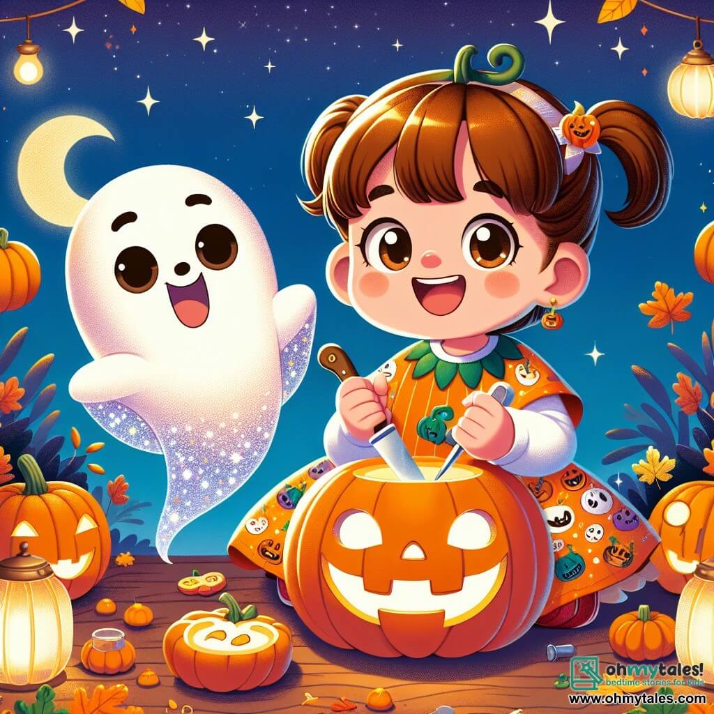 A 4-year-old girl named Emma wears a bright orange pumpkin costume, with a joyful smile on her face. Her brown hair is styled in two small pigtails, and she holds a small plastic knife to carve a pumpkin. Next to her is a little ghost named Boo, floating happily with big round eyes and a friendly smile. He is translucent and leaves a trail of sparkling glitter behind him. The setting is a charming pumpkin patch under a starry sky, with pumpkin-shaped lanterns lighting the path. Colorful autumn leaves cover the ground, adding warmth to the atmosphere. The main scene shows Emma and Boo carving a pumpkin together, laughing and having fun, while costumed children play around them, creating a festive and joyful Halloween atmosphere.