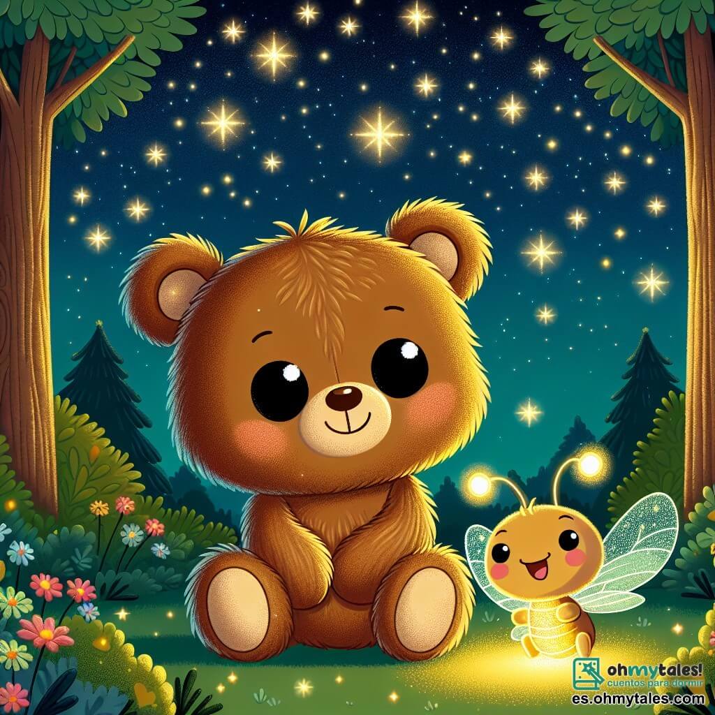 Un pequeño oso de peluche llamado Bruno, con un suave pelaje marrón y ojos redondos y brillantes, está en el centro de la escena, mirando con asombro las estrellas centelleantes en el cielo nocturno. Tiene una ligera sonrisa en su rostro, mostrando que comienza a superar su miedo a la oscuridad. A su lado, una luciérnaga llamada Lila, con un cuerpo luminoso y alas delicadas, vuela alegremente alrededor de Bruno, emitiendo una suave luz dorada. La escena se desarrolla en un bosque encantado, donde los árboles son altos y majestuosos, y el suelo está cubierto de flores coloridas y pequeñas piedras brillantes, creando una atmósfera mágica y acogedora. Bruno, con Lila a su lado, descubre la belleza de la noche, respirando profundamente y admirando las estrellas, mientras el canto de los grillos resuena suavemente a su alrededor.