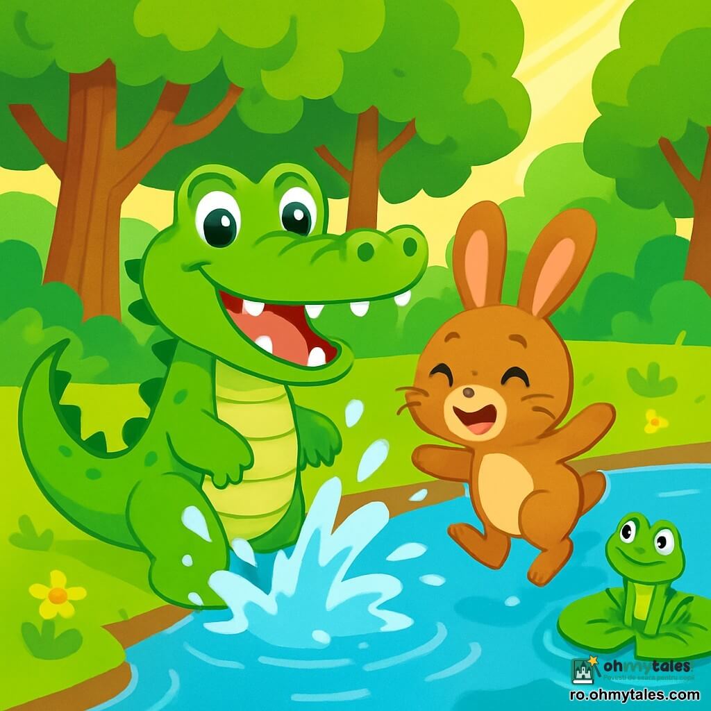 Un crocodil vesel, cu o piele verde strălucitoare și ochi sclipitori, stă pe marginea unui pârâu strălucitor, făcând valuri cu coada sa mare. Zâmbește larg, arătându-și dinții albi și strălucitori, în timp ce stropi de apă zboară în jurul lui. Lângă el, un iepuraș cu urechi mari, cu blană moale și brună, sare în apă cu entuziasm, râzând de fericire. Mai departe, o broască verde cu ochi rotunzi și curioși observă scena de pe o frunză de nufăr, pregătită să sară. În fundal, o pădure luxuriantă cu copaci cu trunchiuri groase și frunze verzi strălucitoare încadrează pârâul, în timp ce razele soarelui străbat ramurile, iluminând scena. Crocodilul se distrează făcând valuri răcoritoare pentru prietenii săi, aducând bucurie și râsete în această frumoasă zi de vară.