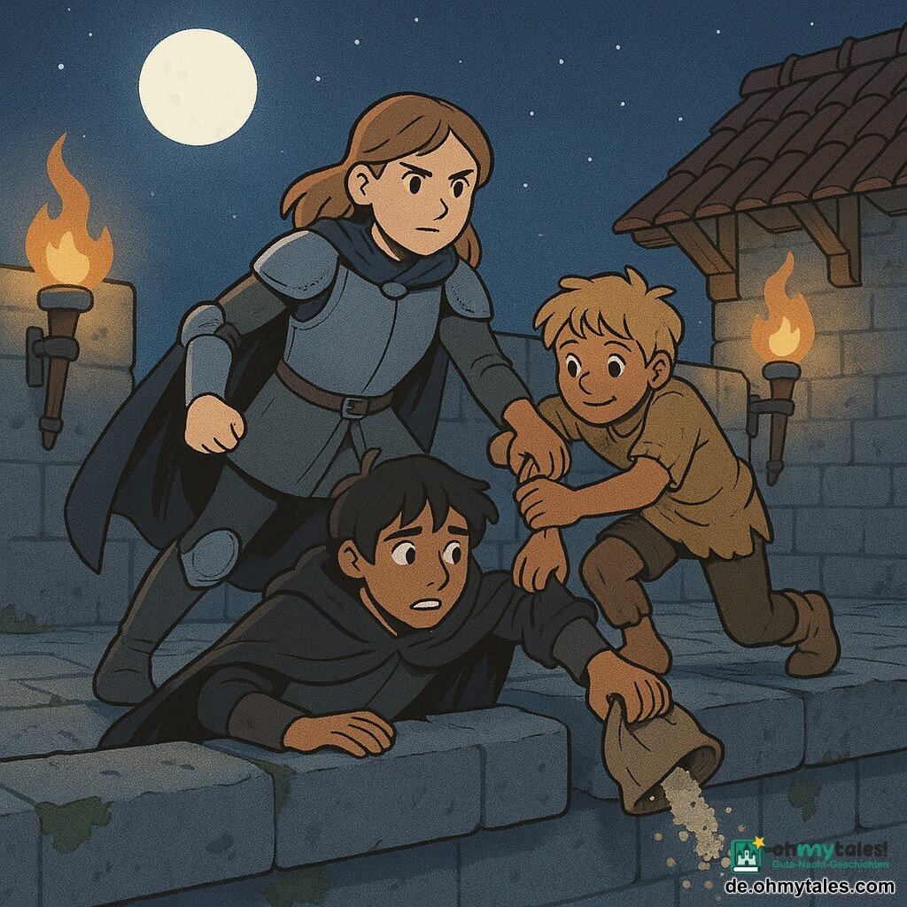 Die Ritterin Serafina (Mädchen) mit entschlossenem, ruhigem Gesicht und klaren Augen in schlichter matter Stahlrüstung und dunklem Mantel zieht energisch einen Jungen vom Mauerrand; Jaro (~12) mit rundem, mutigem Gesicht, abgenutzter Tunika und zerzaustem blondem Haar hockt am Rand und greift den Ärmel des Saboteurs; der Saboteur (~17) trägt einen staubigen schwarzen Mantel, dunkles Haar, panische und beschämte Miene, die Knie am Abgrund, ein kleines offenes Säckchen mit feinem Sand rieselt; die Festungsmauer aus rauem grauem Stein mit niedrigem Brustwehr, etwas Moos, Fackeln in Eisenträgern werfen warmes Flackern, Wachturm-Dachpfosten im Hintergrund; nächtliche Szene mit tiefblauem Himmel und niedriger runder Mondscheibe, silbriger Schimmer auf Händen und Gesichtern, Wind hebt Sandkörner und Haarsträhnen; dramatischer, zärtlicher Moment voller Spannung, Angst, Mut und Mitgefühl; visuell sanfte, kontrastreiche Farben, klare Konturen, detaillierte Stein- und Rüstungstexturen, zentrale Komposition, kinderfreundlich.