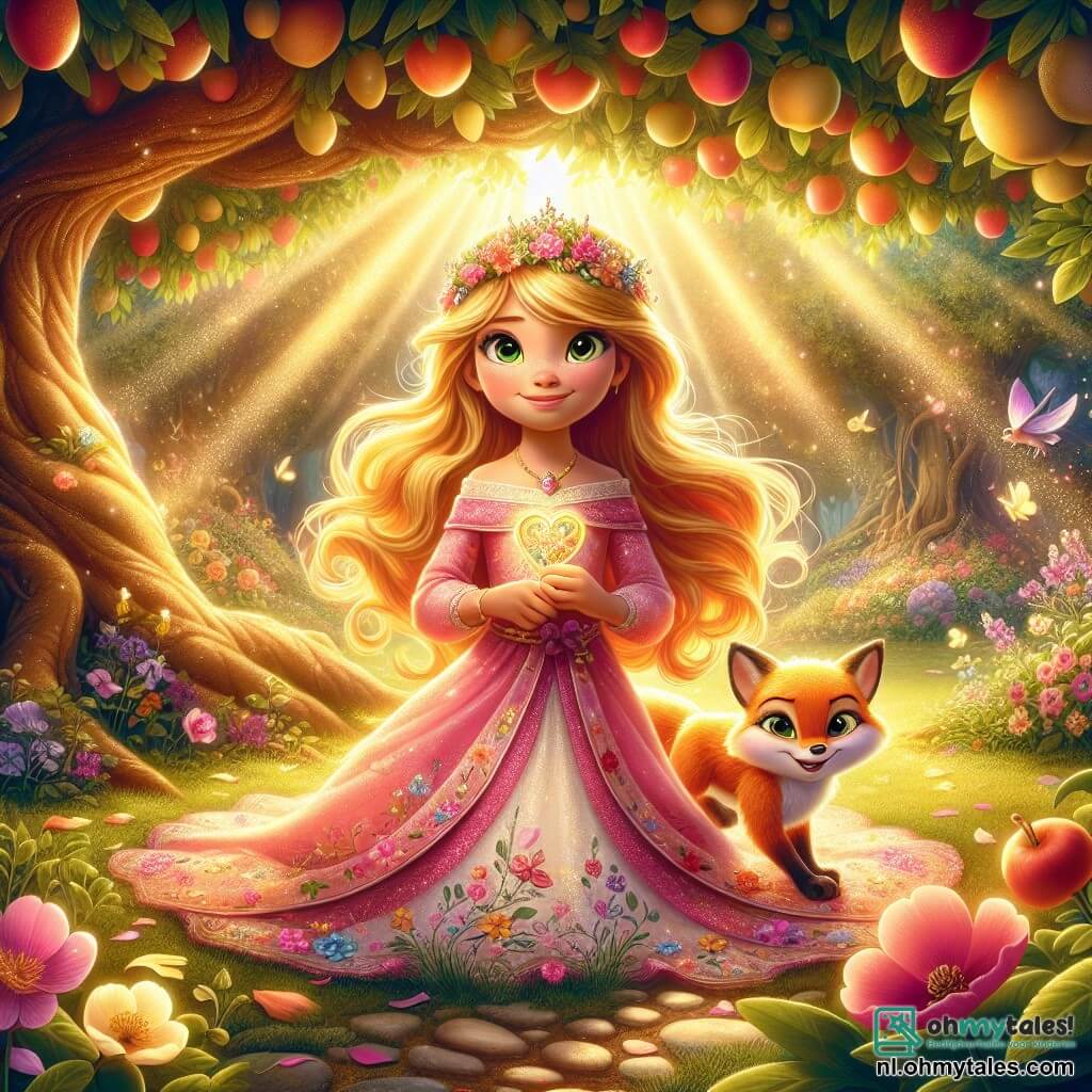 De prinses Elara, een meisje van ongeveer 10 jaar, heeft lange gouden haren die in de zon glanzen, en ze draagt een zijden roze jurk versierd met kleurrijke bloemen. Ze zit onder een grote boom, met een vastberaden glimlach op haar gezicht, terwijl ze een schitterende amulet in haar handen houdt. Naast haar bevindt zich Flinn, een slimme kleine vos met sprankelende ogen, die haar nieuwsgierig observeert, met zijn oren omhoog, klaar om haar te vergezellen op haar avontuur. De scène speelt zich af in de Betoverde Boomgaard, een prachtige boomgaard waar de bomen vol hangen met glanzend fruit en de bloemen dansen in de wind, wat een magische en betoverende sfeer creëert. Zonnestralen filteren door het loof en verlichten de grond bezaaid met kleurrijke bloemblaadjes. Elara bereidt zich voor om de magie van de kristalgrot te confronteren, vastbesloten om de harmonie van haar koninkrijk te herstellen, terwijl Flinn, haar trouwe metgezel, haar aanmoedigt met een hoopvolle blik.