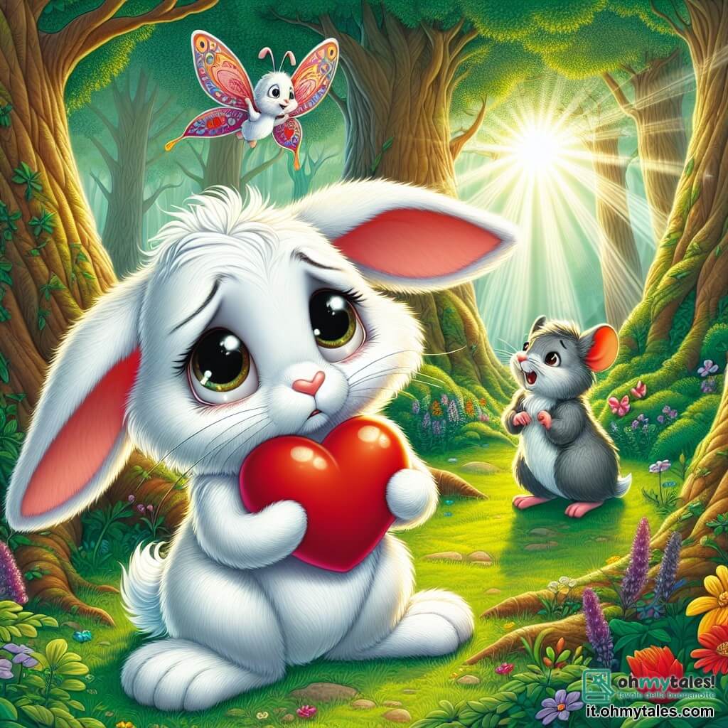 Un giovane coniglio dalle grandi orecchie e dal pelo bianco brillante si trova al centro dell'immagine, con uno sguardo inquieto e triste, mentre tiene un palloncino rosso a forma di cuore. I suoi occhi sono rotondi e lucenti, tradendo la sua ansia. A destra, un piccolo topo dal pelo grigio, con occhi maliziosi e un sorriso beffardo, osserva la scena con le braccia incrociate, ridacchiando. A sinistra, una delicata farfalla dalle ali colorate vola attorno al coniglio, mostrando un'espressione di supporto. La scena si svolge in una foresta incantata, con alberi maestosi e foglie verdi, fiori colorati sul terreno e raggi di sole che filtrano tra i rami, creando un'atmosfera calda. Il giovane coniglio si prepara a confessare la sua menzogna riguardo al palloncino, illustrando un momento cruciale per la verità e l'importanza dell'onestà.