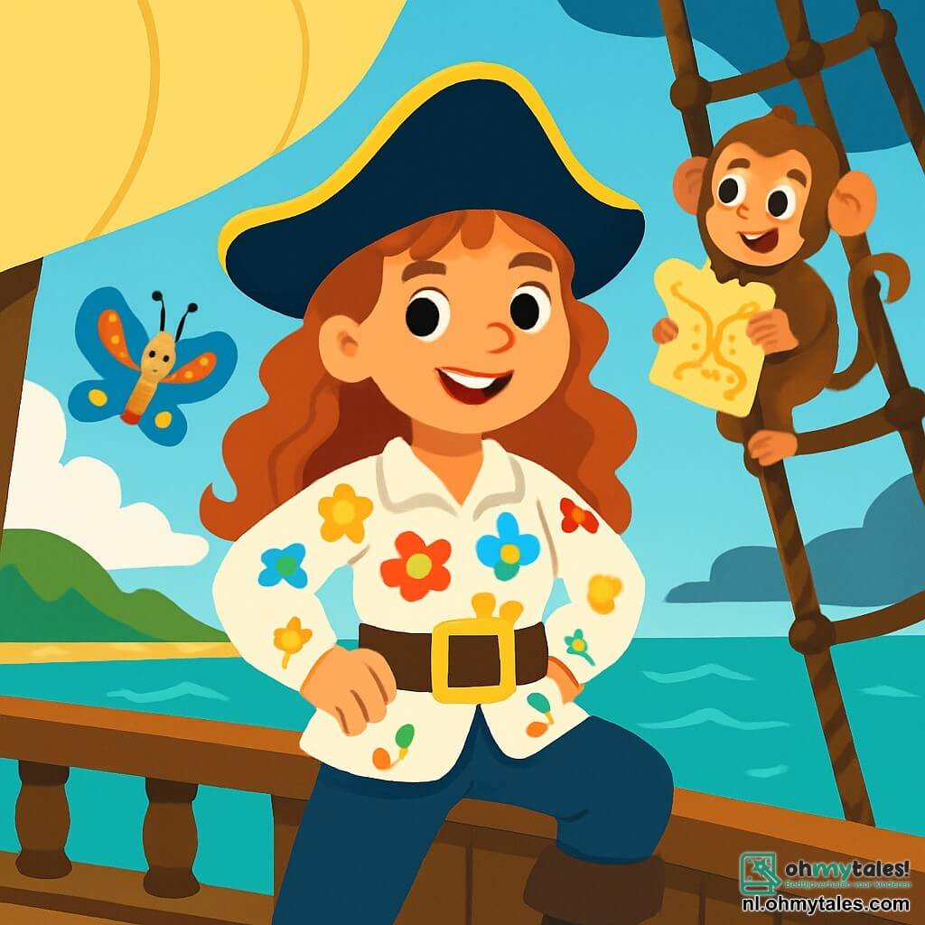 Een jonge piratenvrouw, Kapitein Roos, staat trots op het dek van haar schip, De Springende Papegaai. Ze heeft lange, krullende haren, een witte blouse met kleurrijke patronen en een grote leren riem. Haar gezicht straalt vastberadenheid en opwinding uit, met een stralende glimlach. Naast haar klimt een ondeugende aap genaamd Max, met een bruin vacht en ondeugende ogen, op de mast terwijl hij een schatkaart vasthoudt. Een kleurrijke vlinder, Pico, fladdert om haar heen en voegt een vleugje magie toe aan de scène. Op de achtergrond schittert een turquoise zee onder een heldere blauwe lucht, met zachte golven en groene eilanden in de verte. De belangrijkste situatie toont Kapitein Roos, klaar om op avontuur te gaan, terwijl een storm zich aandient, wat een spannende en mysterieuze sfeer creëert.
