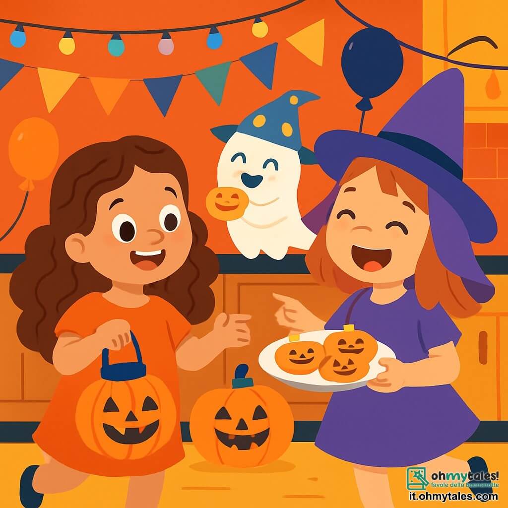 Una bambina di 4 anni, con lunghi capelli ricci e un sorriso splendente, tiene una lanterna a forma di zucca. Indossa un abito arancione vivace e i suoi occhi brillano di eccitazione. Accanto a lei, la sua migliore amica, una ragazza di 4 anni con un cappello da strega viola, ride allegramente mostrando un piatto di biscotti a forma di zucca. Sullo sfondo, un piccolo fantasma amichevole, con un grande sorriso e un cappello a pois, le osserva tenendo dei biscotti. La scena si svolge in una cucina accogliente, decorata con ghirlande di luci colorate e zucche sorridenti. I muri sono dipinti di arancione e nero, e ci sono palloncini fluttuanti che aggiungono un tocco festoso. I bambini stanno giocando e ballando, circondati da risate e dolci, in un'atmosfera magica e gioiosa di Halloween.