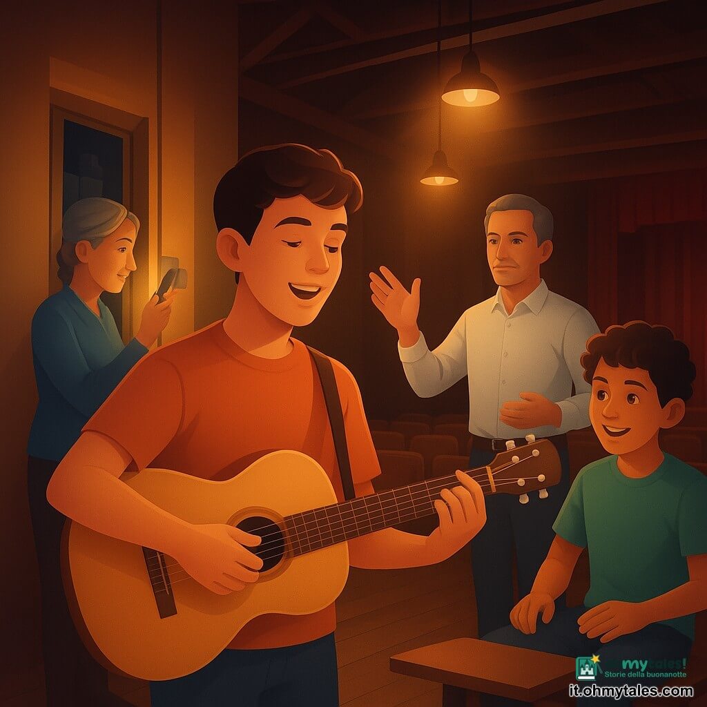 Adolescente Luca guarda concentrato e felice, viso illuminato e labbra socchiuse mentre suona due accordi su una chitarra chiara contro il petto su un piccolo palco sotto luce calda; ragazzo di circa 12 anni, Nabil, ricci e sorridente, batte il ritmo sul ginocchio accanto a Luca, leggermente indietro a destra; il maestro Rinaldi, sulla cinquantina con capelli sale e pepe e camicia bianca, dirige con una mano alzata davanti al coro, sguardo calmo e preciso; Ada, la custode di circa 60 anni con capelli grigi raccolti e torcia in mano, sta vicino a una porta tecnica aperta a sinistra sistemando un piccolo quadro elettrico; luogo: vecchio teatro comunale con alto soffitto e travi scure, palco in assi consumate e sipario bordeaux, sedute in legno in fondo; situazione: prova ripresa dopo un blackout, atmosfera calda con fasci dorati e silhouette sui muri, espressioni concentrate e collaborazione evidente fra i presenti.