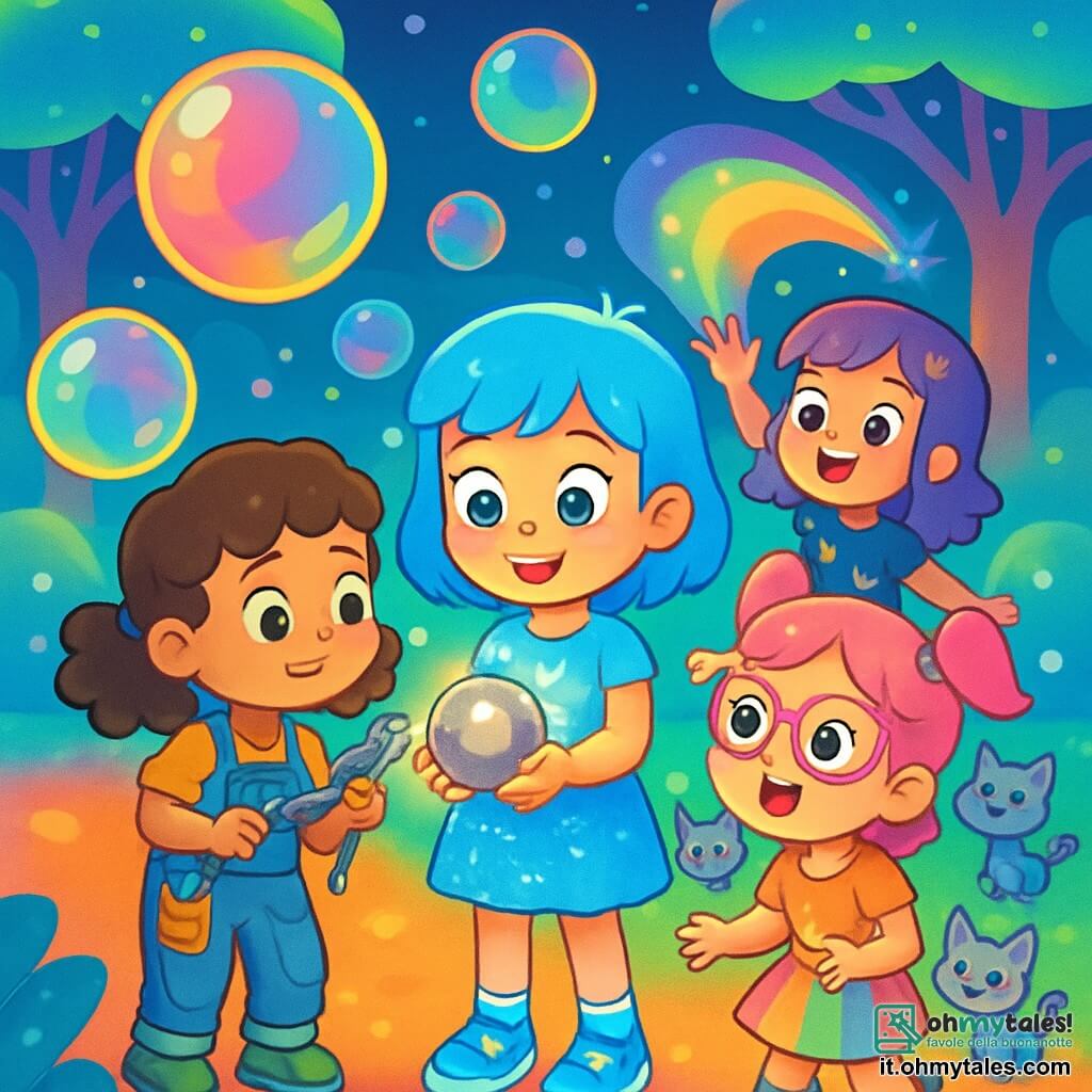 Ci sono 4 bambini: - Stella: una ragazza di 5 anni con capelli blu come il cielo, indossa un vestito scintillante e scarpe da ginnastica luminose. È al centro, tiene una piccola sfera di metallo che brilla. - Gaia: una ragazza di 5 anni con capelli ricci castani, vestita con una tuta da lavoro piena di tasche. È a sinistra di Stella, mentre esamina la sfera con strumenti futuristici. - Mia: una ragazza di 5 anni con capelli rosa e occhiali a forma di cuore, indossa una gonna colorata. È a destra di Stella, circondata da piccoli gatti robot che fluttuano attorno a lei. - Lila: una ragazza di 5 anni con capelli viola, indossa una maglietta con motivi di stelle e pantaloni corti scintillanti. È dietro Stella, mentre crea un ologramma colorato che illumina la scena. Il luogo è il Parco delle Bolle Fluttuanti, uno spazio magico pieno di grandi bolle trasparenti che fluttuano nell'aria, riflettendo colori vivaci. Il terreno è morbido e soffice, e alberi futuristici con foglie luminescenti circondano i bambini. La scena principale mostra i bambini che scoprono la sfera misteriosa, i loro volti illuminati dalla luce che emette. Sono tutti curiosi e meravigliati, pronti a esplorare cosa questa scoperta potrebbe rivelare.