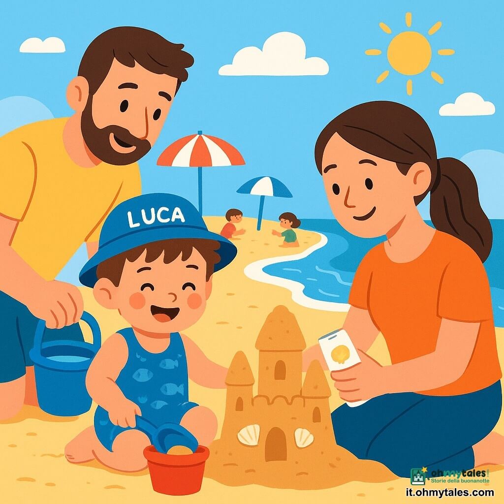 Un bambino di 2 anni, di nome Luca, è seduto sulla sabbia dorata della spiaggia. Ha i capelli castani disordinati, le guance rosa e un grande sorriso felice. Indossa un costume da bagno blu con motivi di pesci e un piccolo cappello da sole. Gioca con un secchiello rosso e una paletta blu, concentrato e felice. Accanto a lui, la mamma, una donna di circa trent'anni con i capelli lunghi e castani raccolti in una coda di cavallo, sorride mentre tiene un flacone di crema solare, pronta ad applicarla sulle braccia di Luca. Più lontano, il papà, un uomo di circa 35 anni con una leggera barba e una maglietta gialla, raccoglie acqua di mare in un secchiello per aiutare Luca a costruire il suo castello di sabbia. La scena si svolge su una spiaggia soleggiata, con onde dolci che lambiscono la riva. Il cielo è di un blu brillante, punteggiato da alcune nuvole bianche e soffici. Ombrelloni colorati sono piantati sulla sabbia e bambini giocano in lontananza. Luca e la mamma stanno costruendo un grande castello di sabbia, aggiungendo torri e decorando la cima con conchiglie. L'atmosfera è gioiosa e piena di risate, mentre il sole splende in questa bella giornata d'estate.